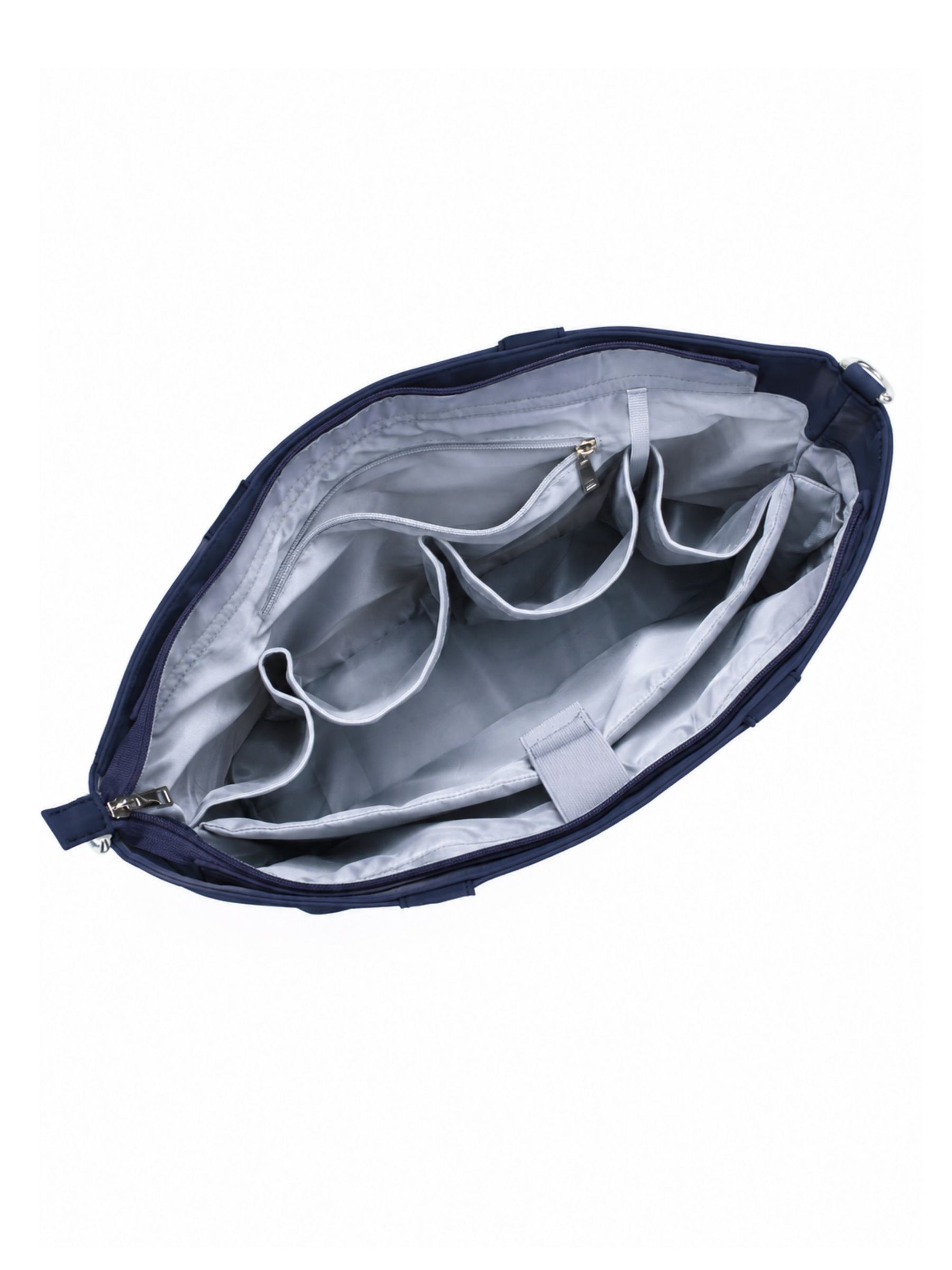 Empty interior of night blue 16-inch water-resistant laptop tote bag showing organizer pockets