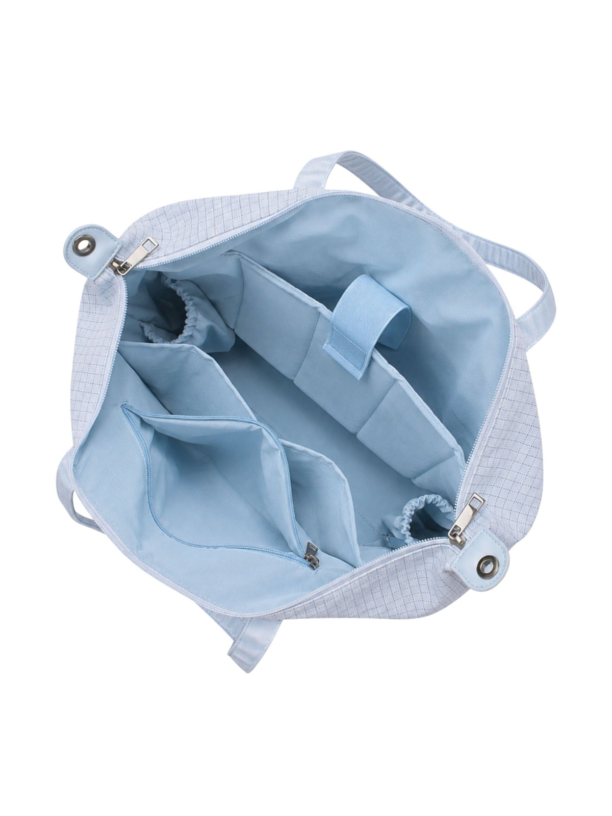 Empty interior of light blue 16-inch water-resistant laptop tote bag showing organizer pockets