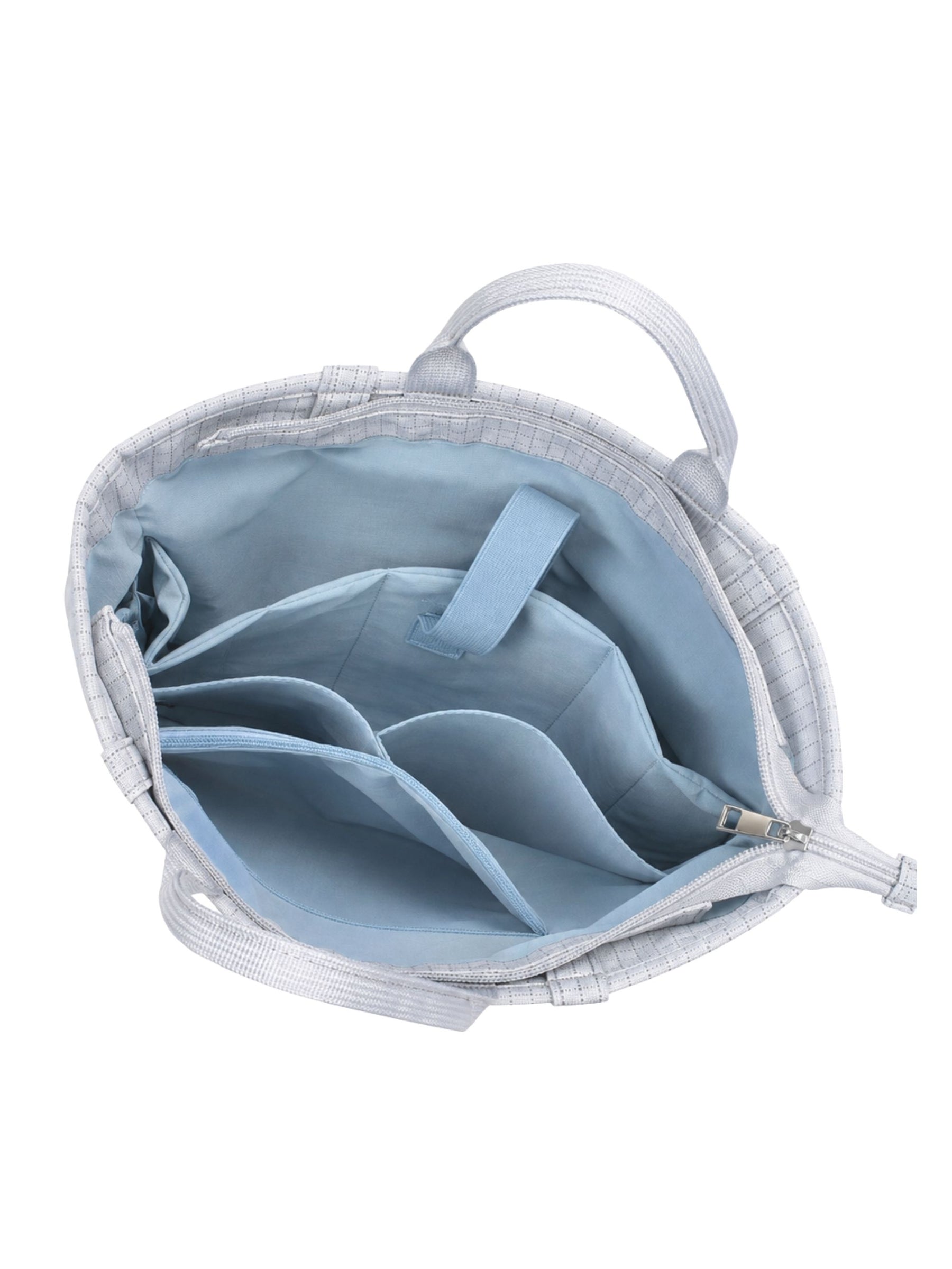 Empty interior of light blue 15.6-inch vertical laptop shoulder bag showing organizer pockets