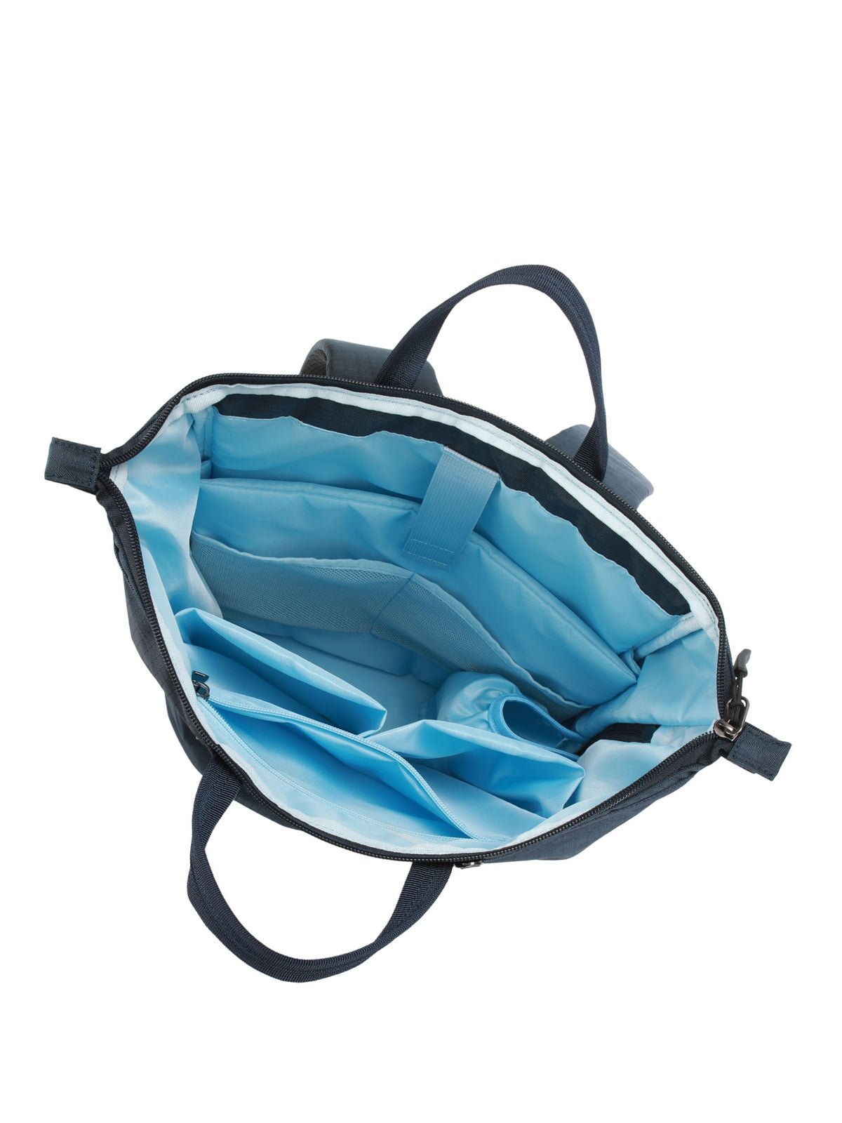 Empty interior of night blue 17-inch water-resistant laptop backpack for women showing organizer pockets