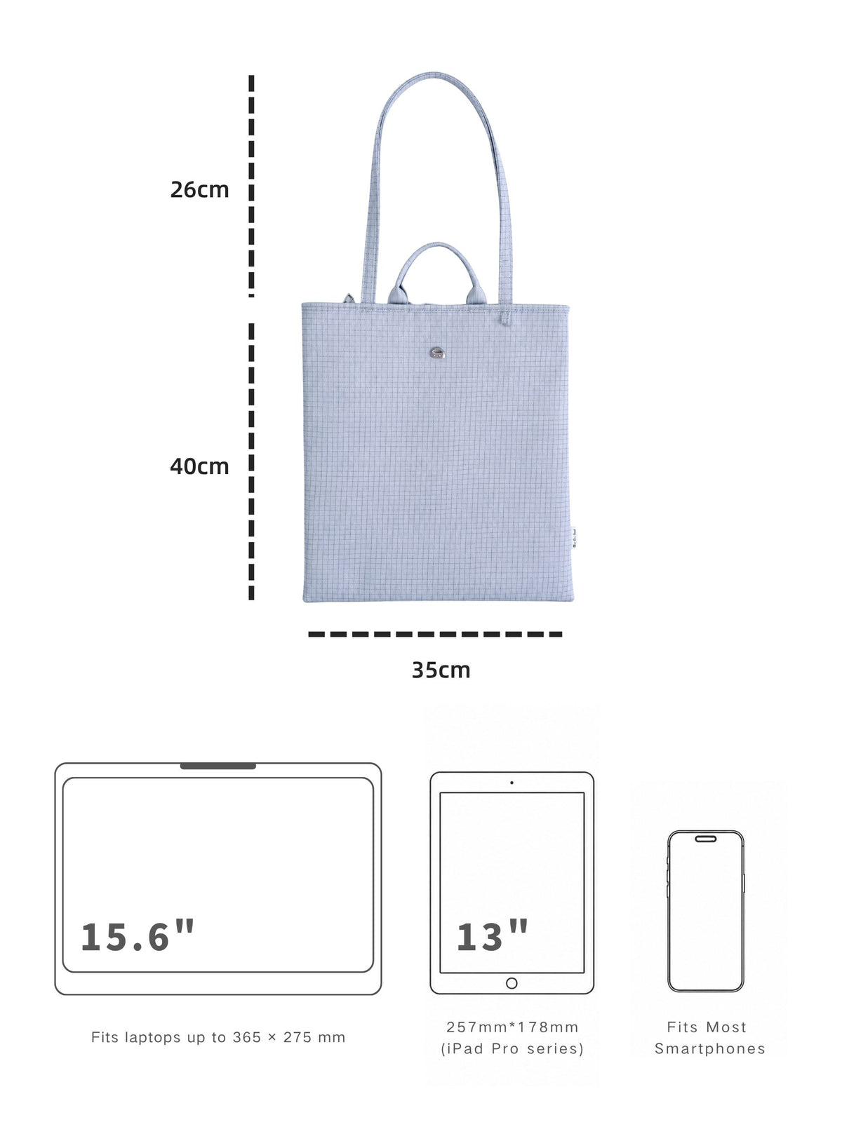 Light blue 15.6-inch vertical laptop shoulder bag dimensions and laptop size compatibility guide