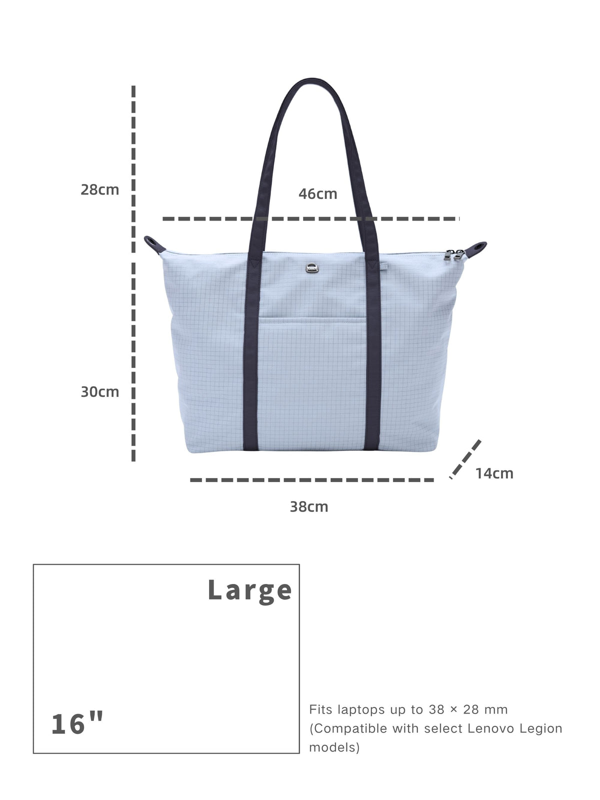 Light blue 16-inch water-resistant laptop tote bag dimensions and laptop size compatibility guide