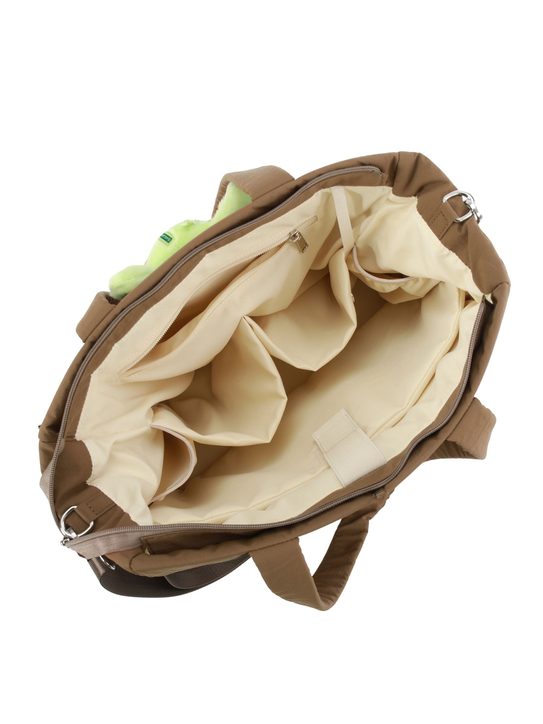 Empty interior of brown 16-inch water-resistant puffer laptop tote bag showing organizer pockets