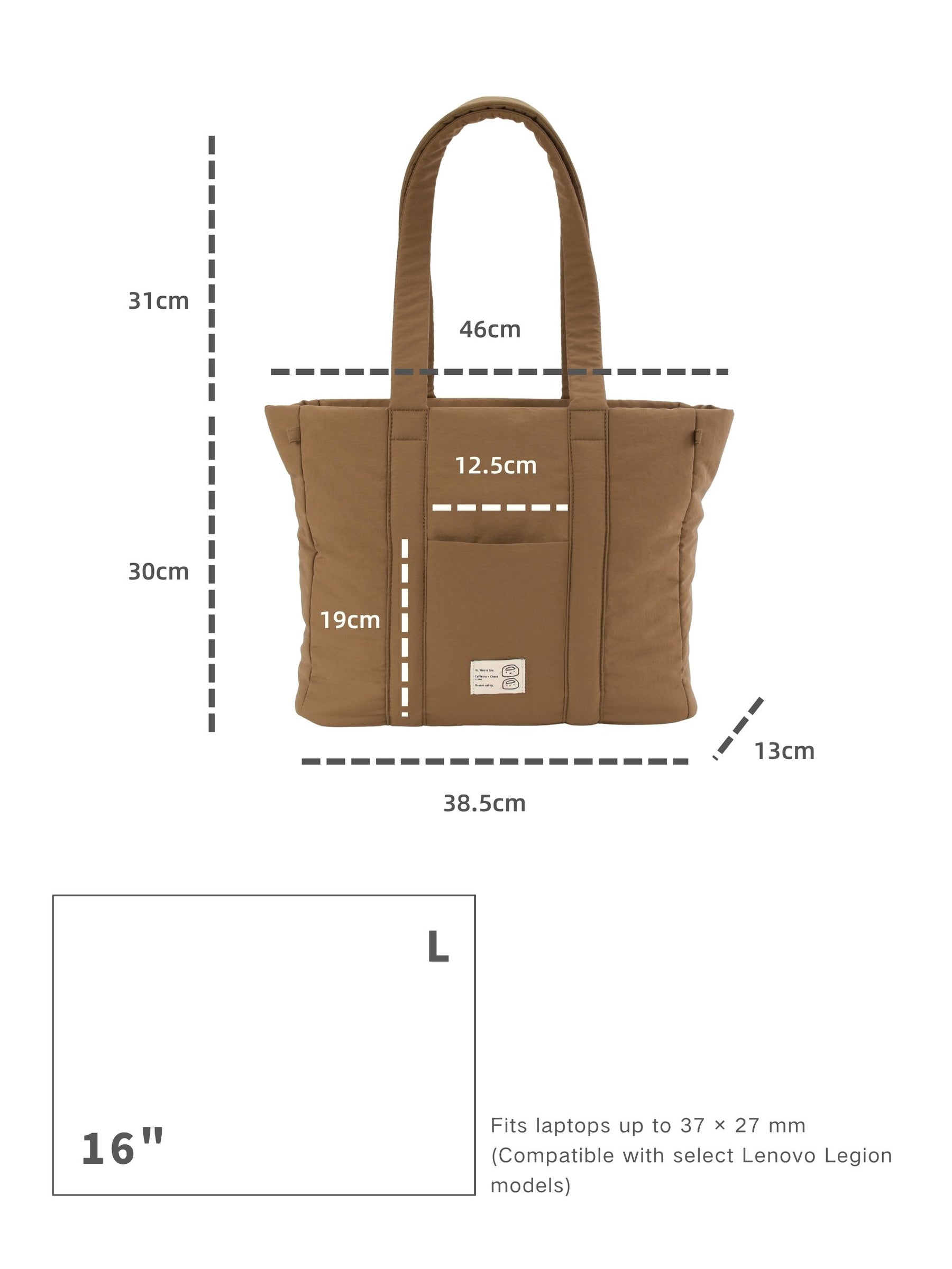 Brown 16-inch water-resistant puffer laptop tote bag dimensions and laptop size compatibility guide