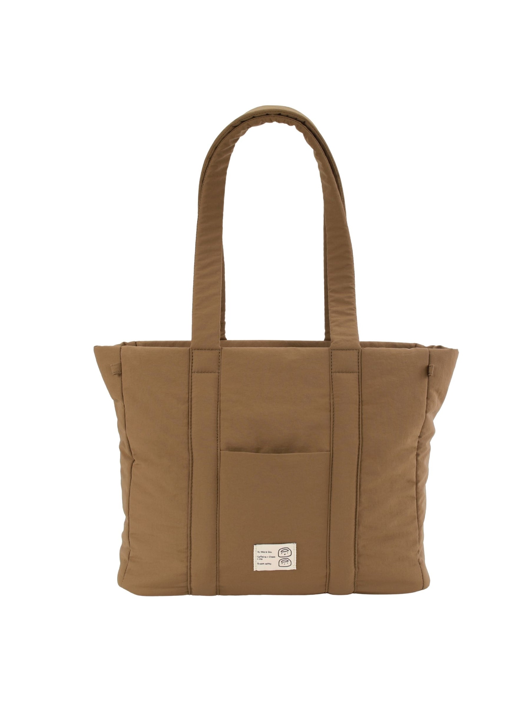 Brown 16-inch water-resistant puffer laptop tote front view