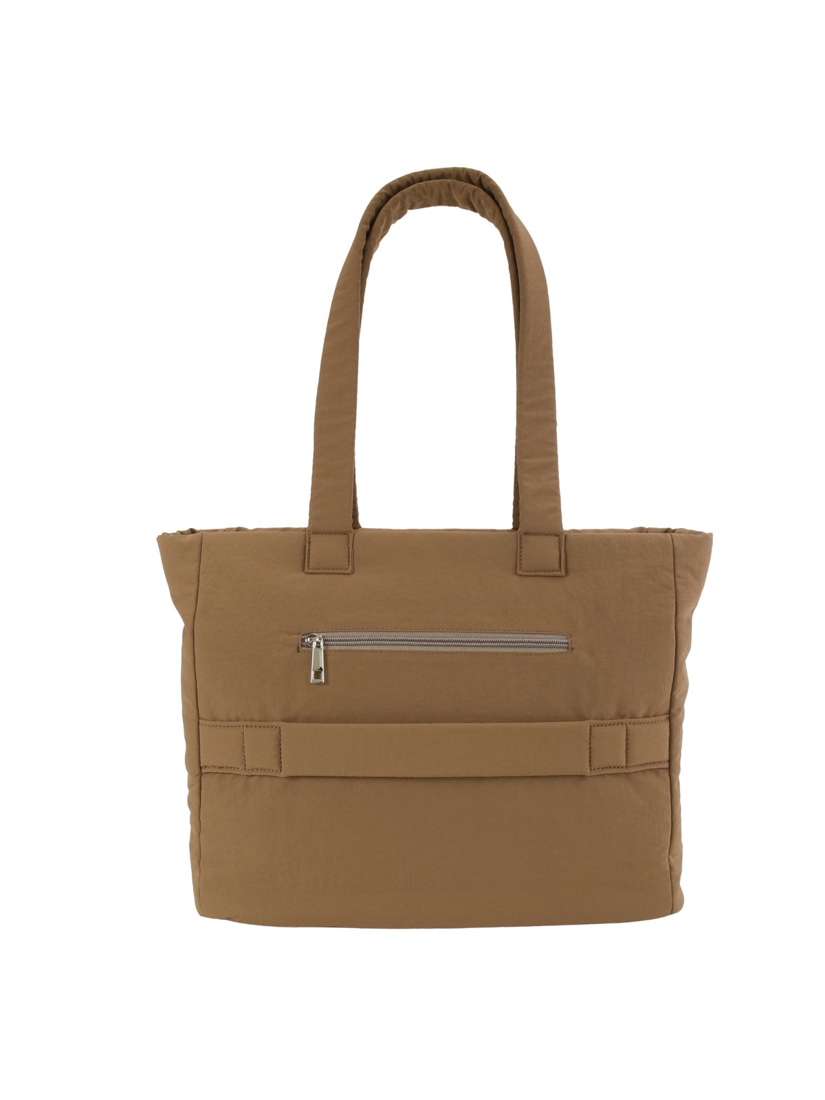 Brown 16-inch water-resistant puffer laptop tote bag back view