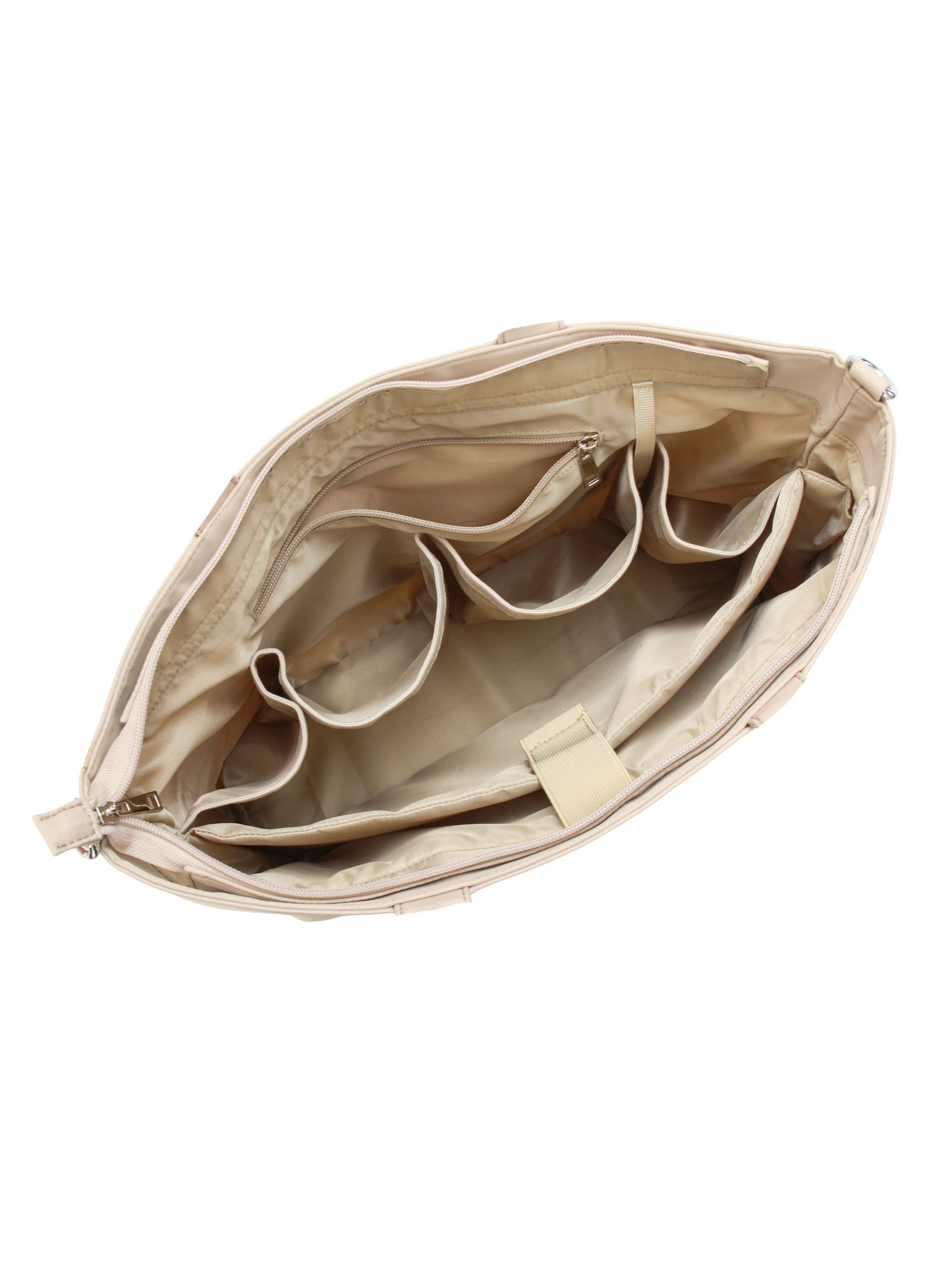 Empty interior of champagne 16-inch water-resistant laptop tote bag showing organizer pockets