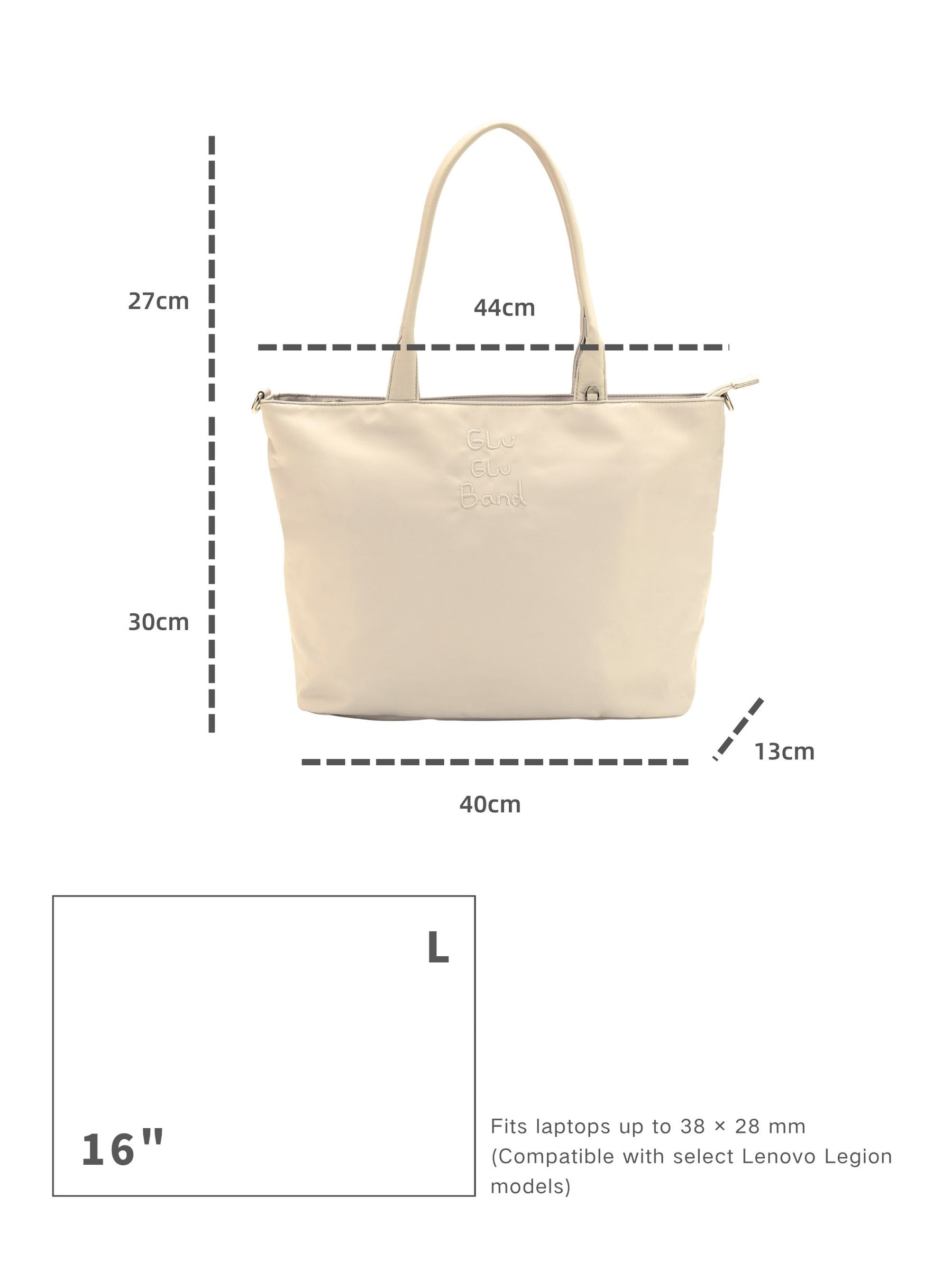 Champagne 16-inch water-resistant laptop tote bag dimensions and laptop size compatibility guide