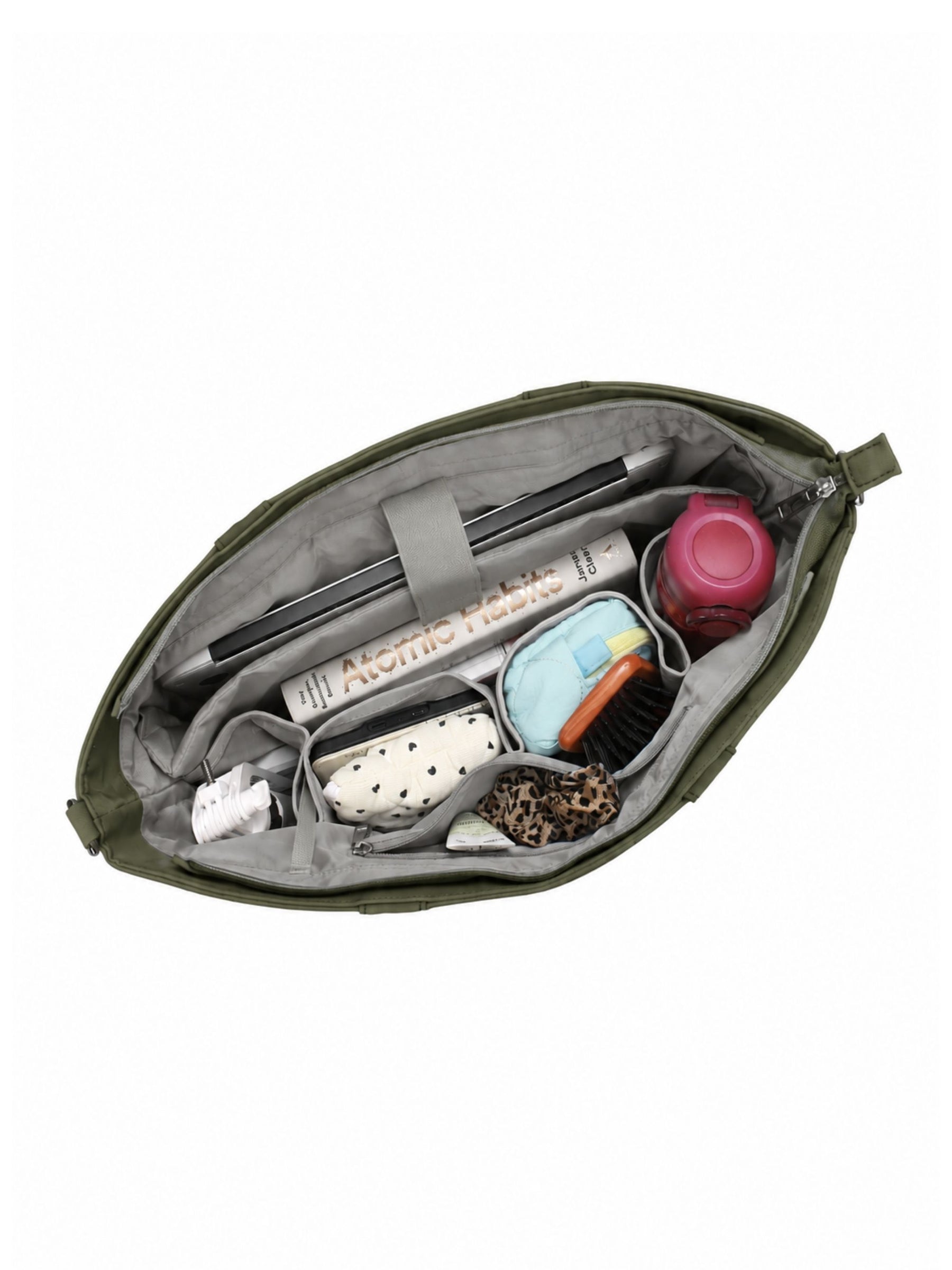 Open olive green 16-inch water-resistant laptop tote bag packed with laptop and daily essentials