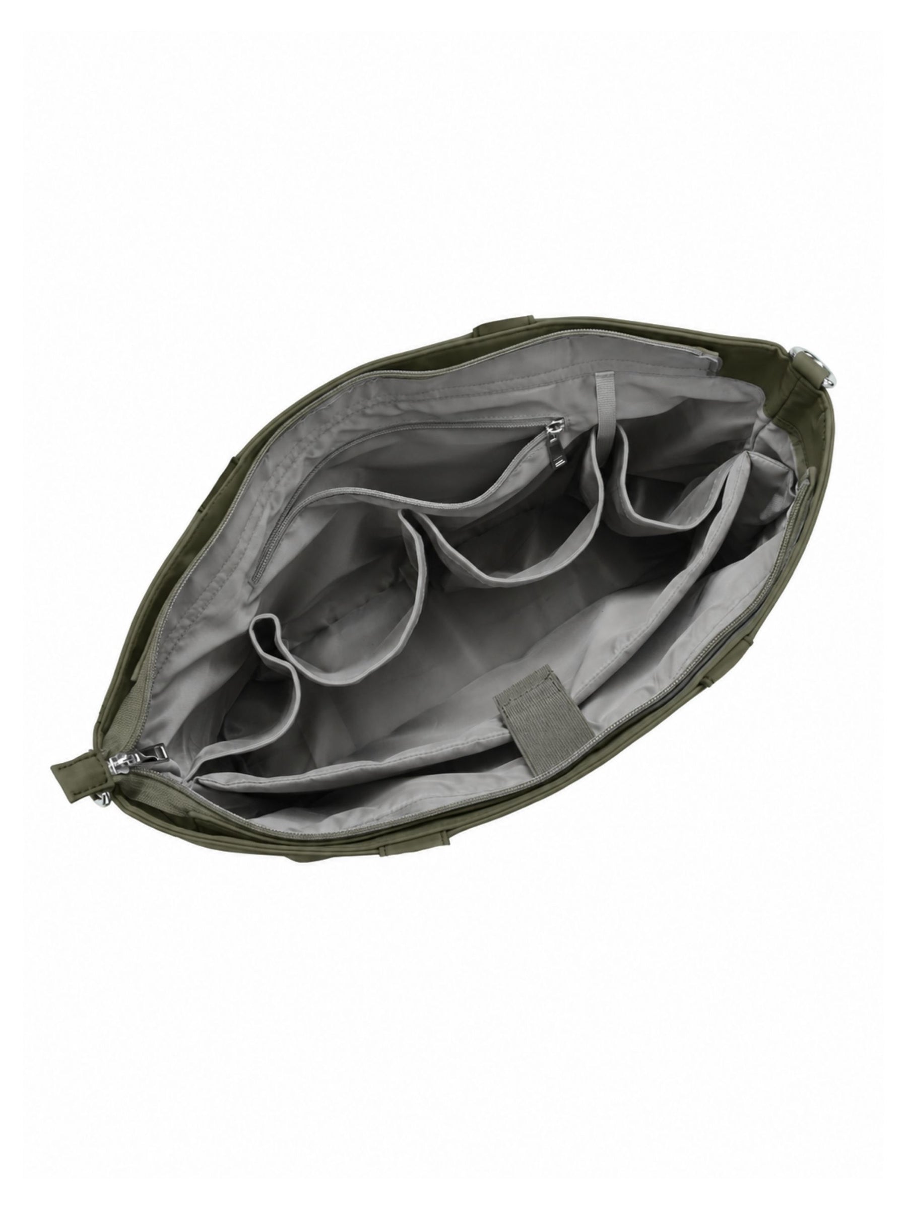 Empty interior of olive green 16-inch water-resistant laptop tote bag showing organizer pockets