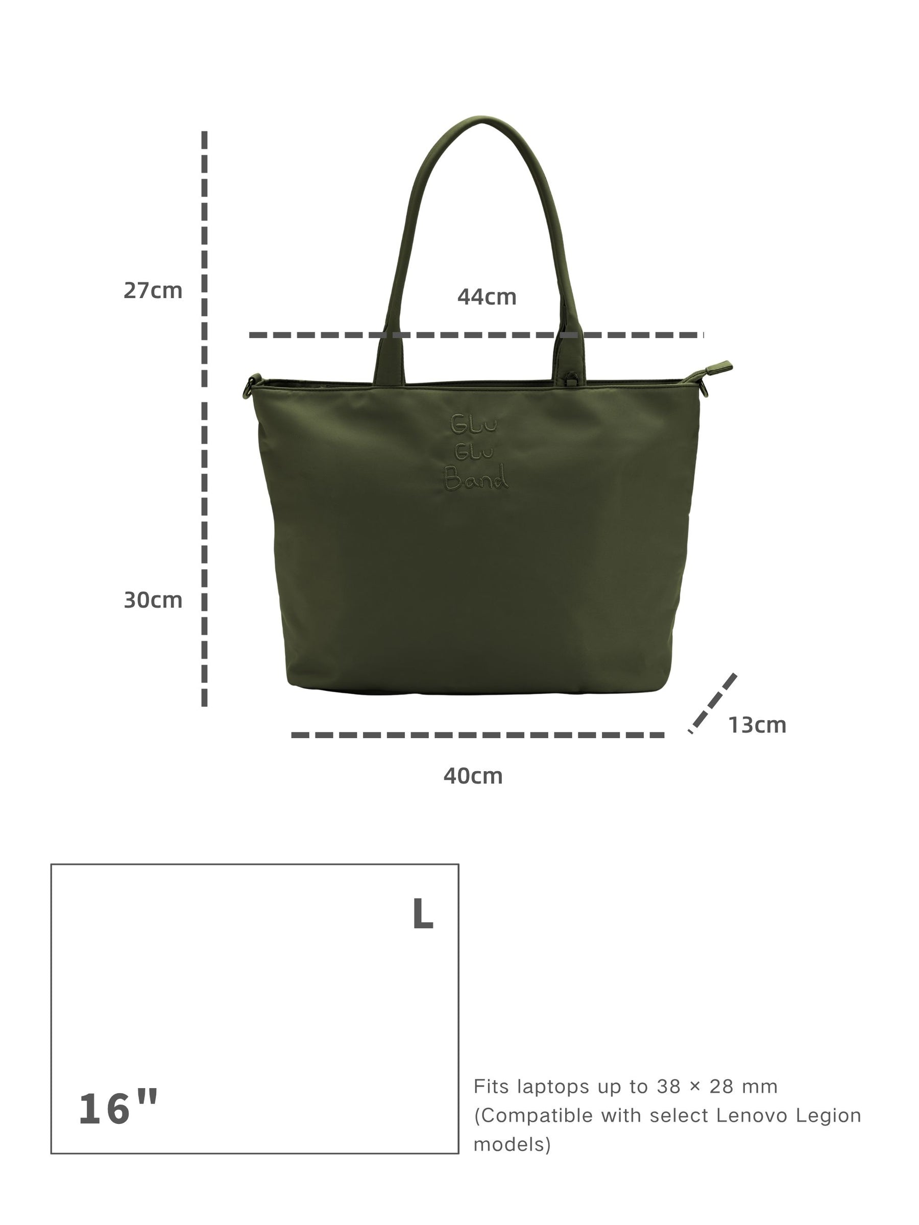 Olive green 16-inch water-resistant laptop tote bag dimensions and laptop size compatibility guide