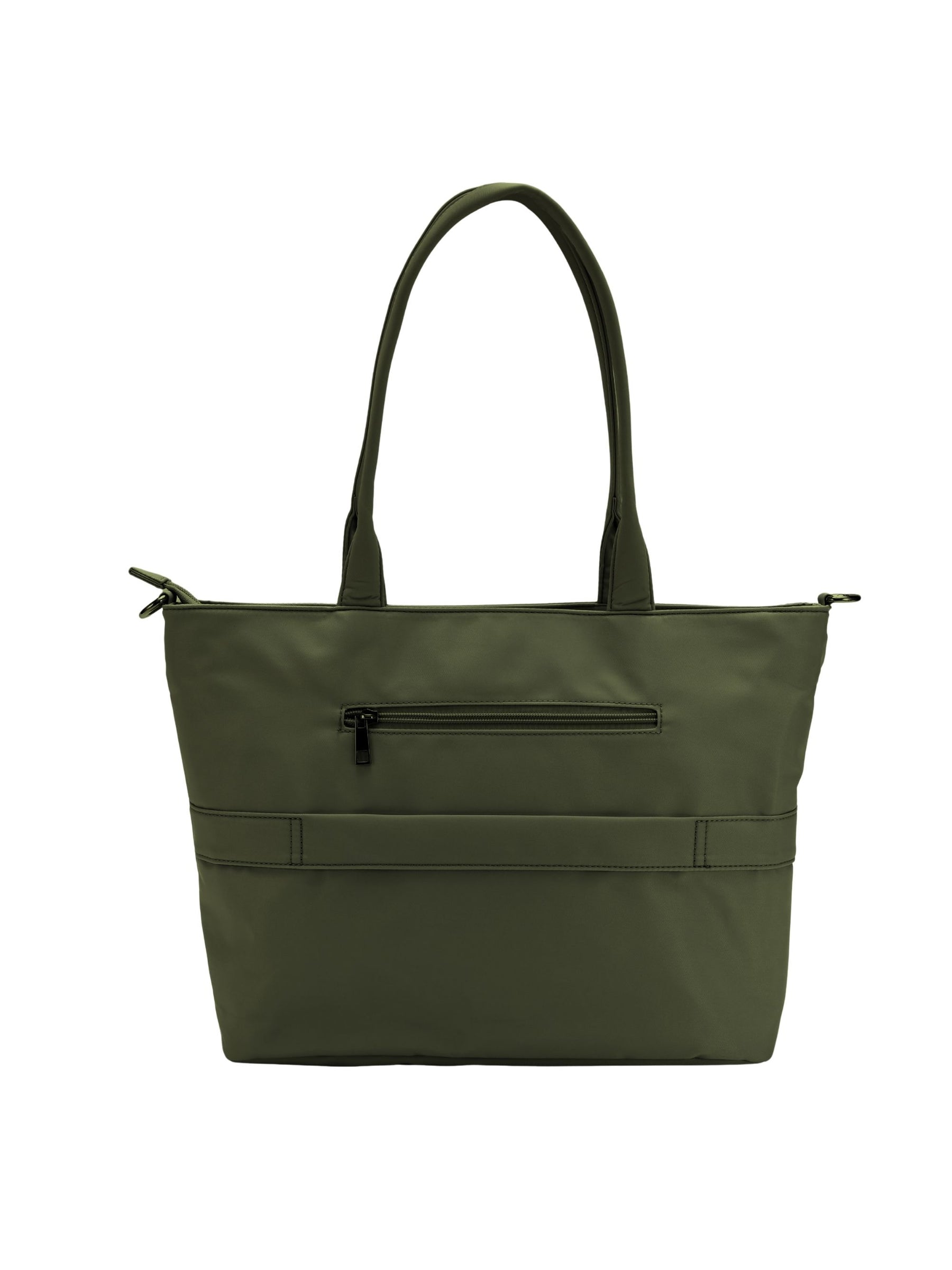 Olive green 16-inch water-resistant laptop tote bag back view