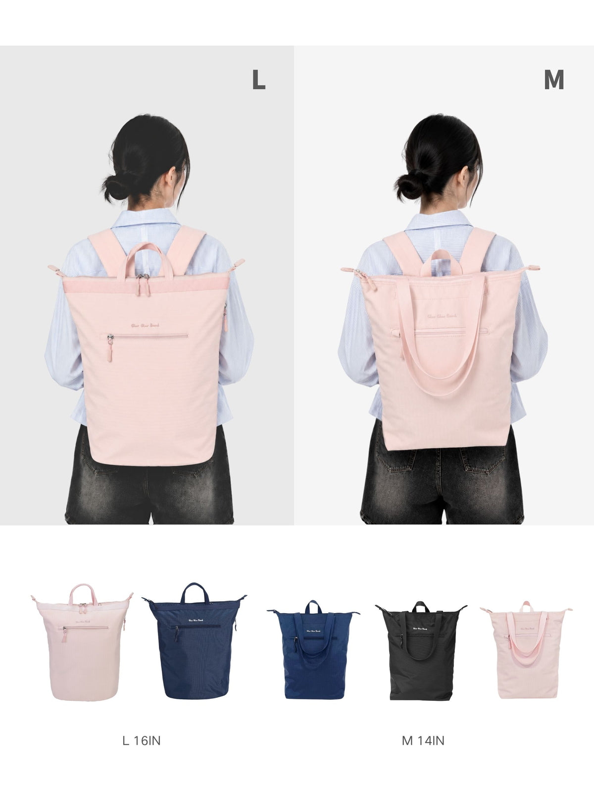 Laptop backpack size and color comparison shown on a model