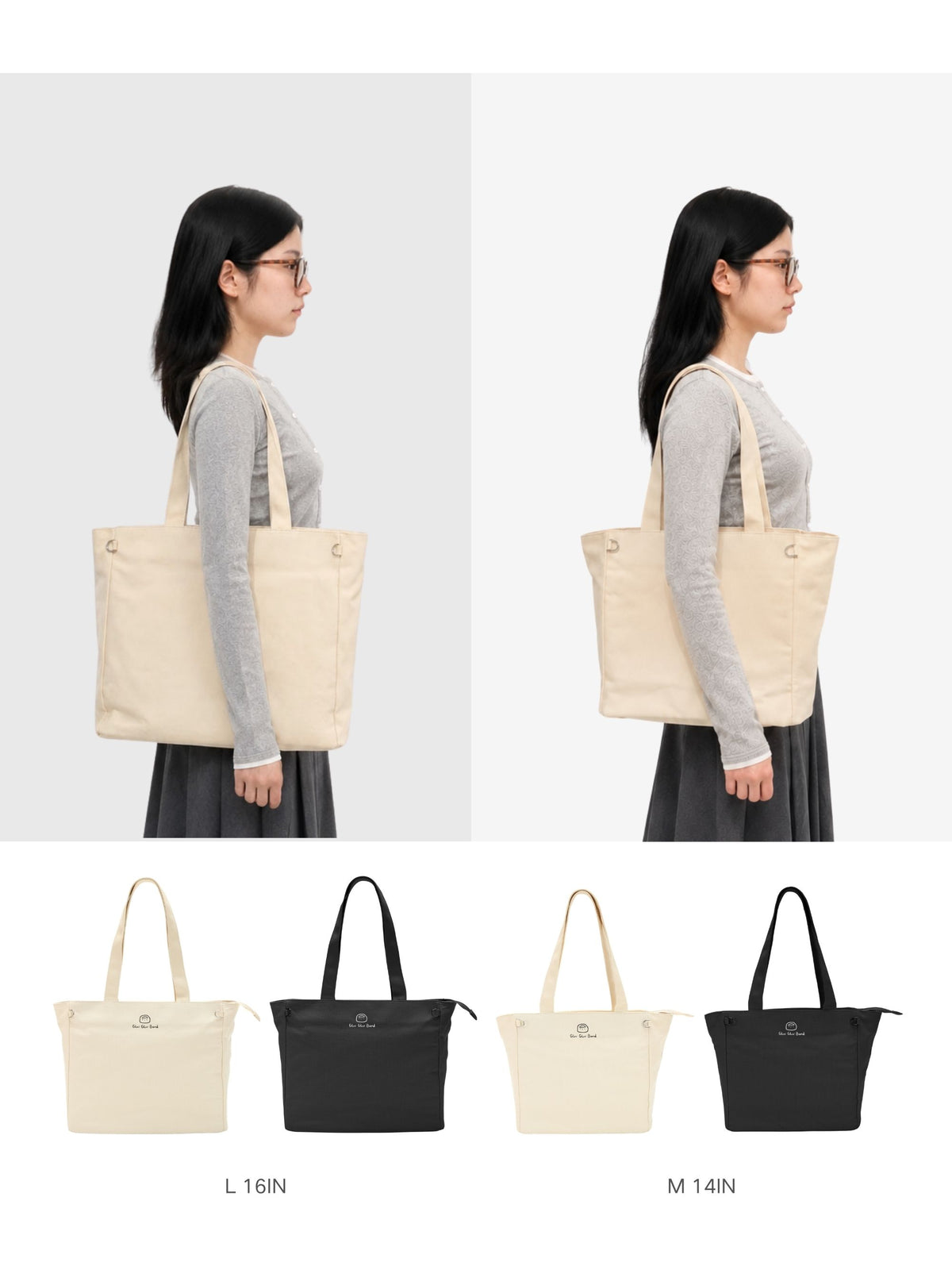 Canvas laptop tote bag size and color comparison on a model