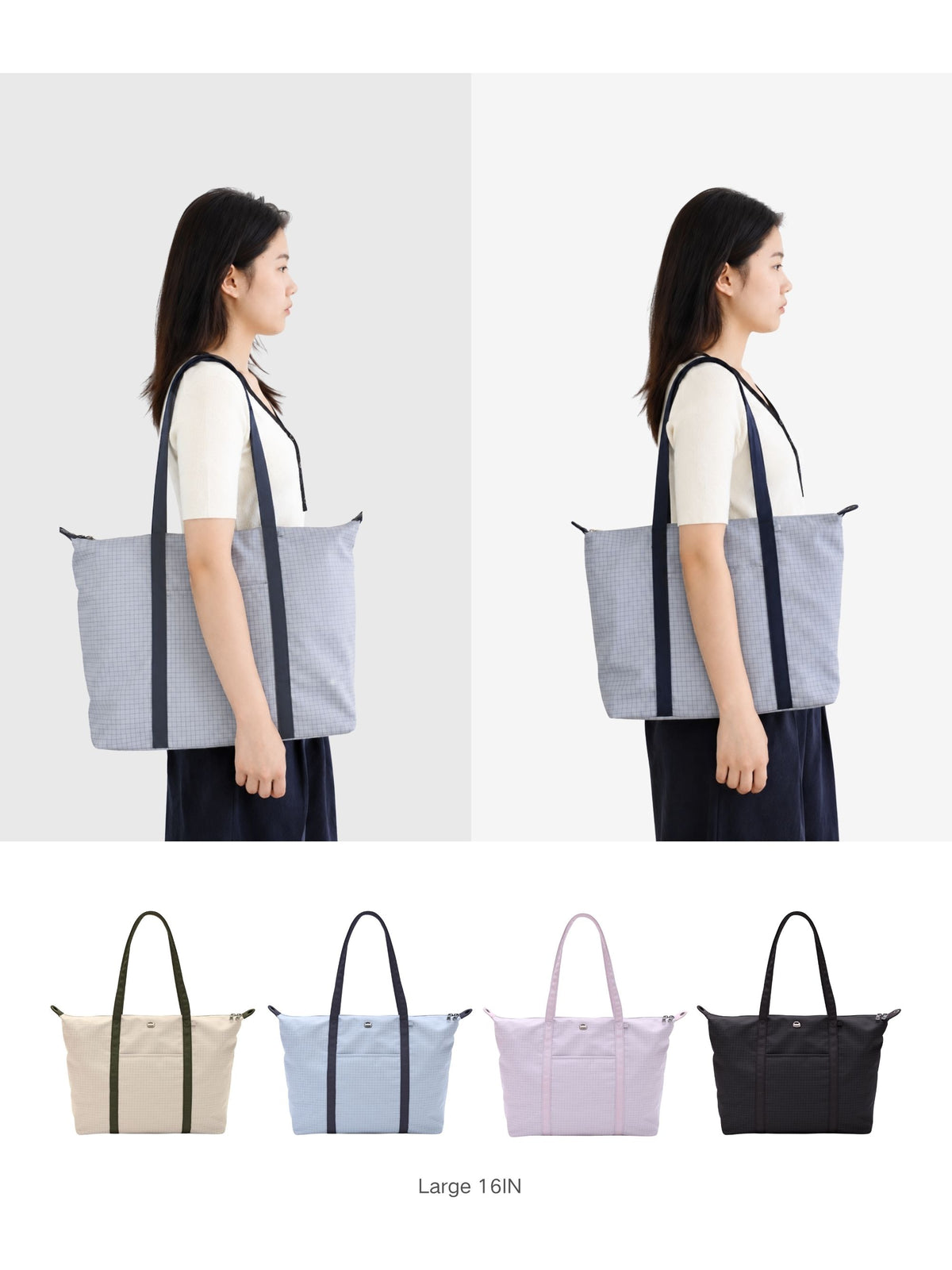 Preppy laptop tote bag size and color comparison on a model