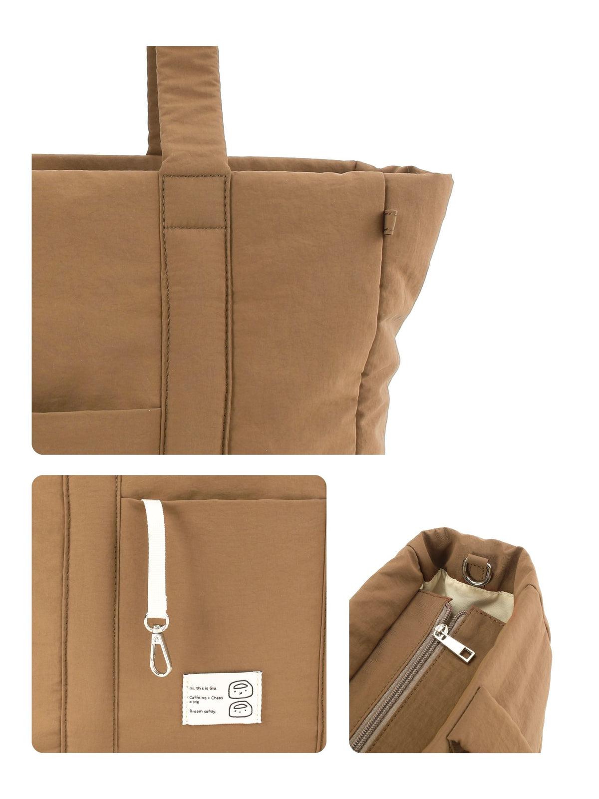 Puffer laptop tote bag fabric, zipper and attachment details