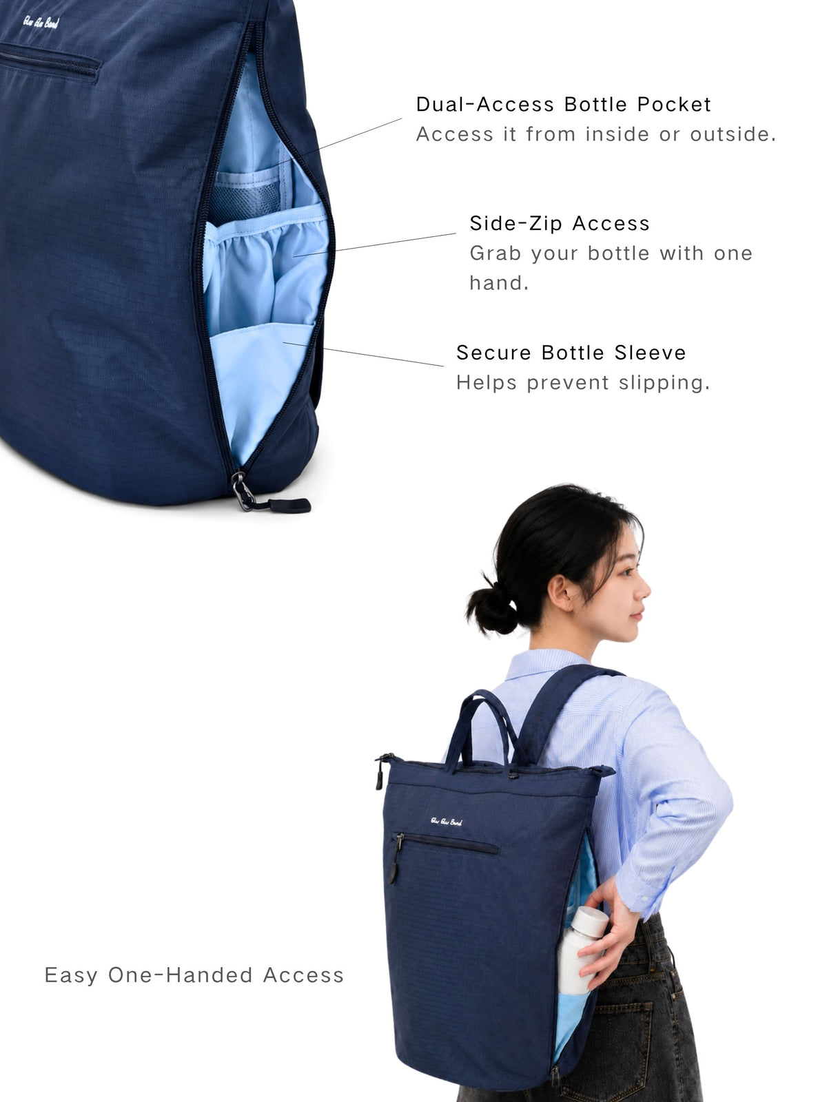Laptop backpack side-access bottle pocket and one-handed access