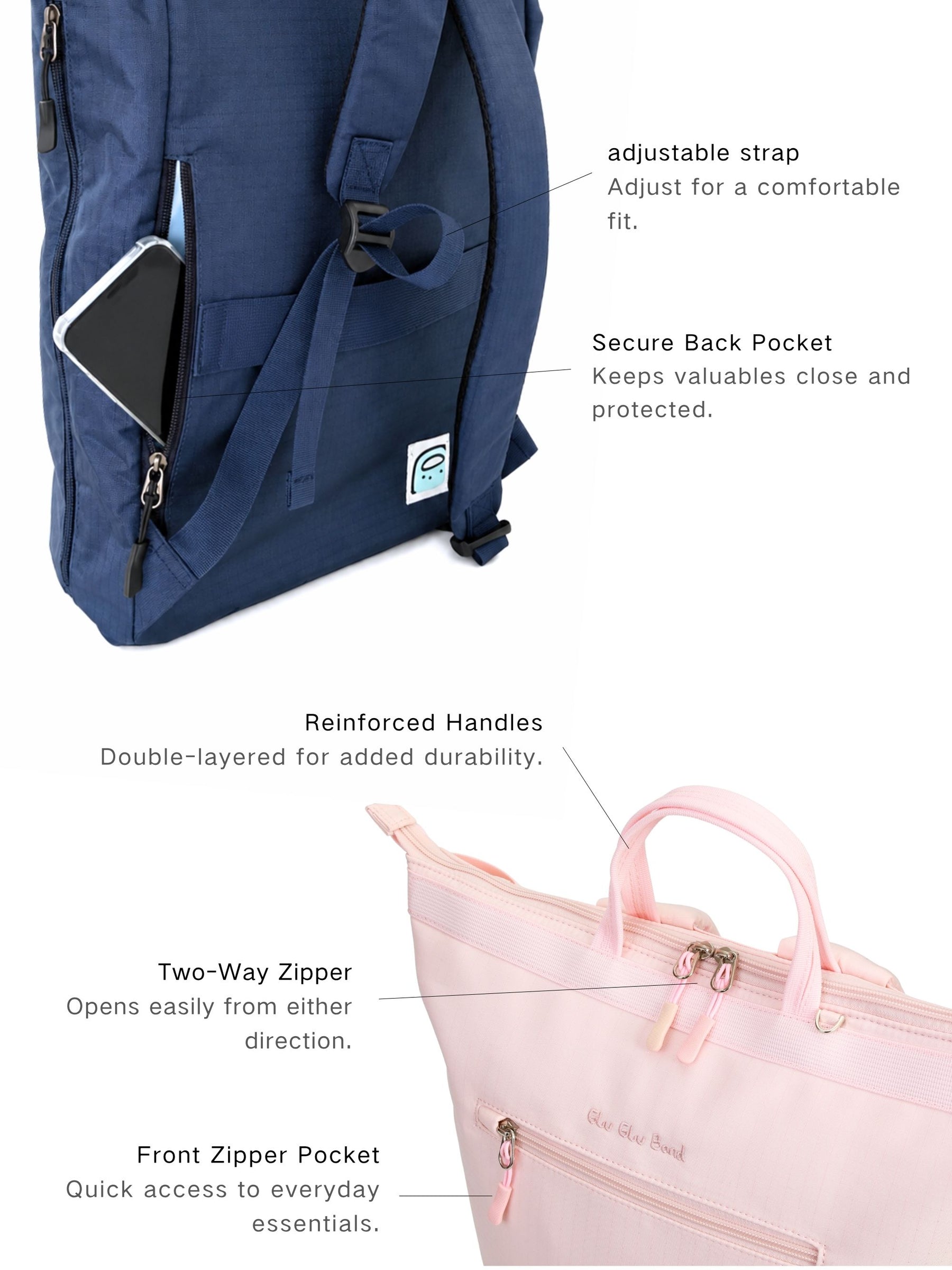 Laptop backpack adjustable straps, back pocket and front zipper pocket