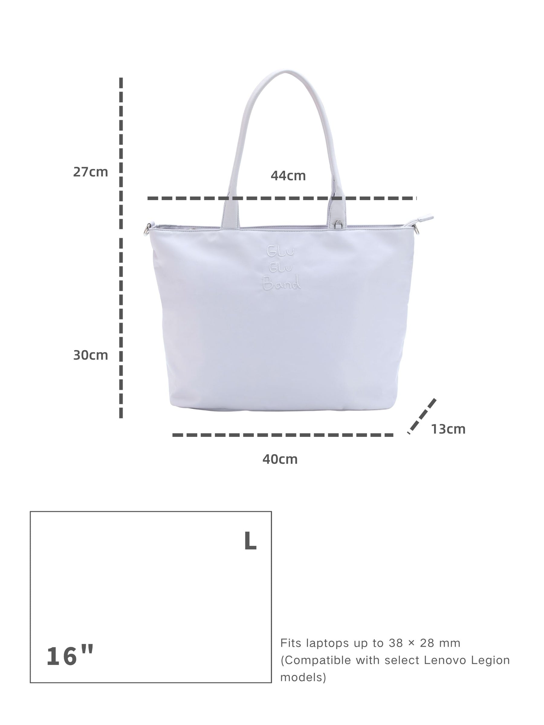 Pale blue-purple 16-inch water-resistant laptop tote bag dimensions and laptop size compatibility guide