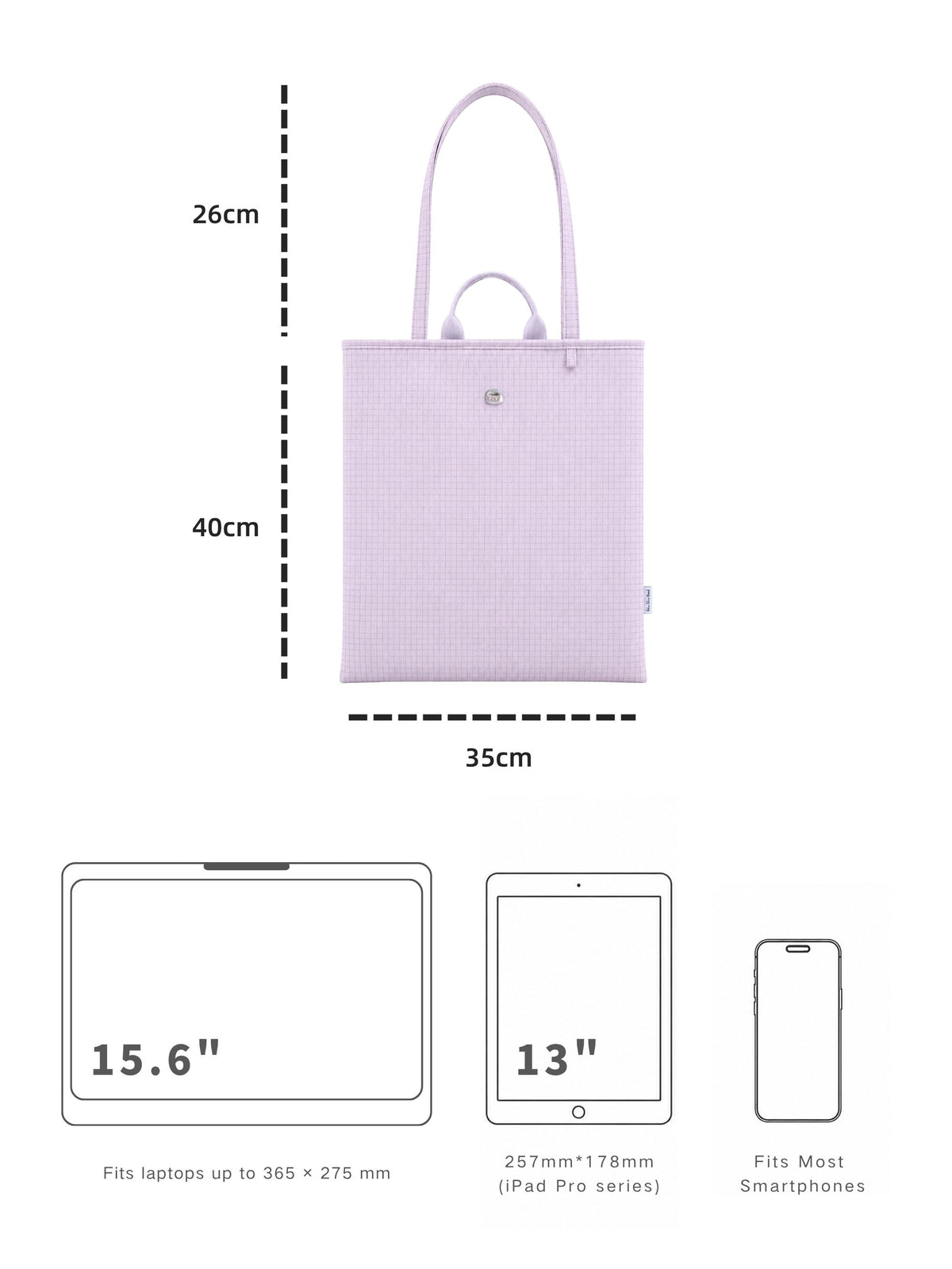 Pale blue-purple 15.6-inch vertical laptop shoulder bag dimensions and laptop size compatibility guide