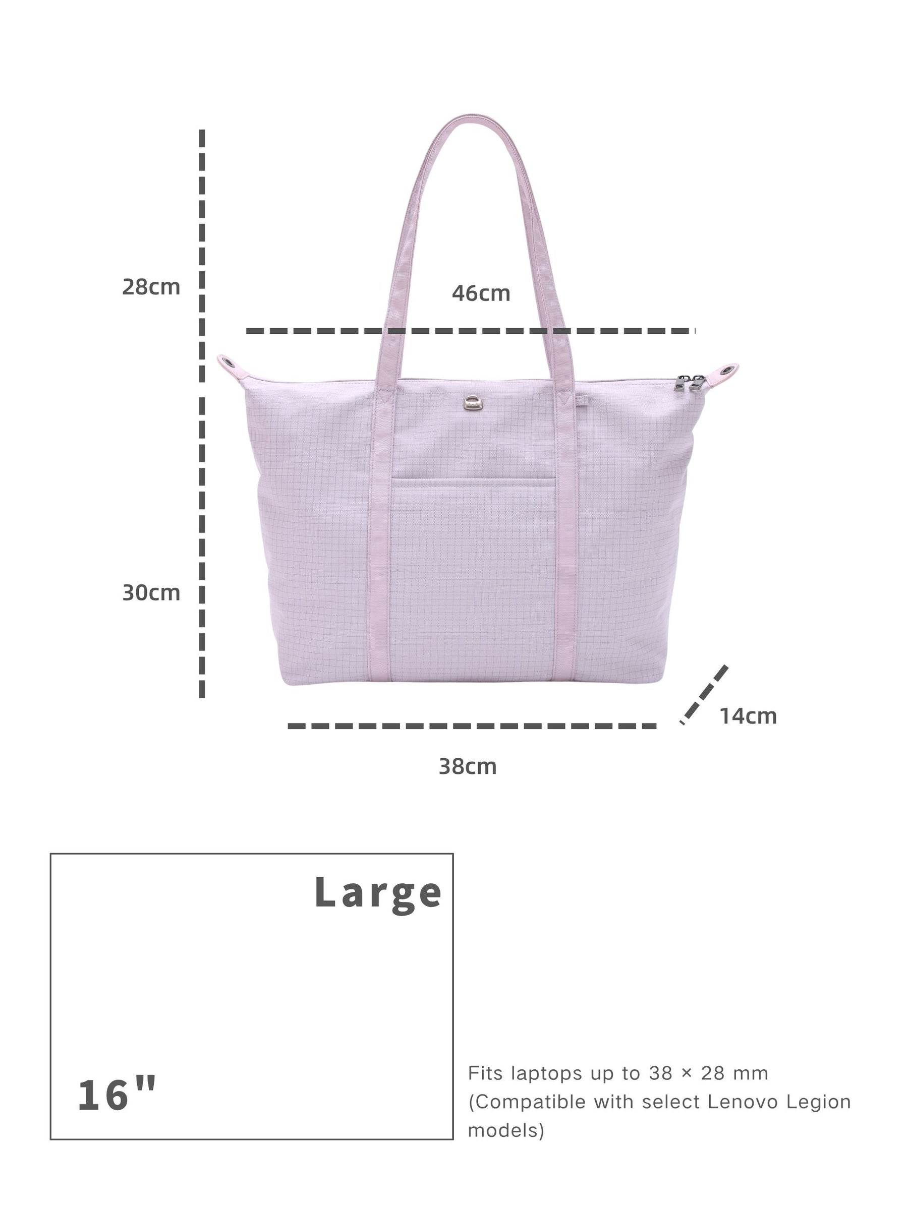 Light purple 16-inch water-resistant laptop tote bag dimensions and laptop size compatibility guide
