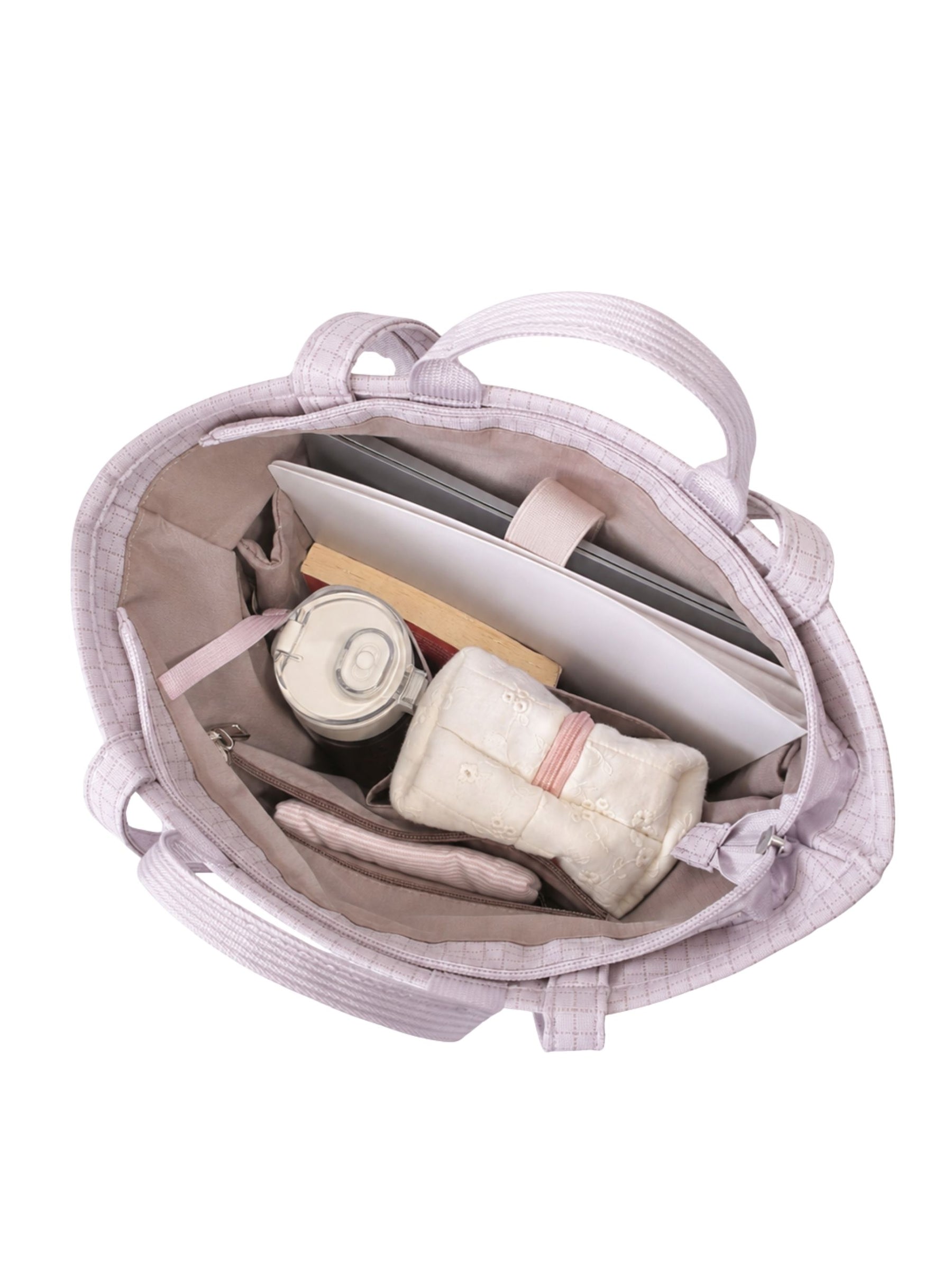 Open pale blue-purple 15.6-inch vertical laptop shoulder bag packed with laptop and daily essentials