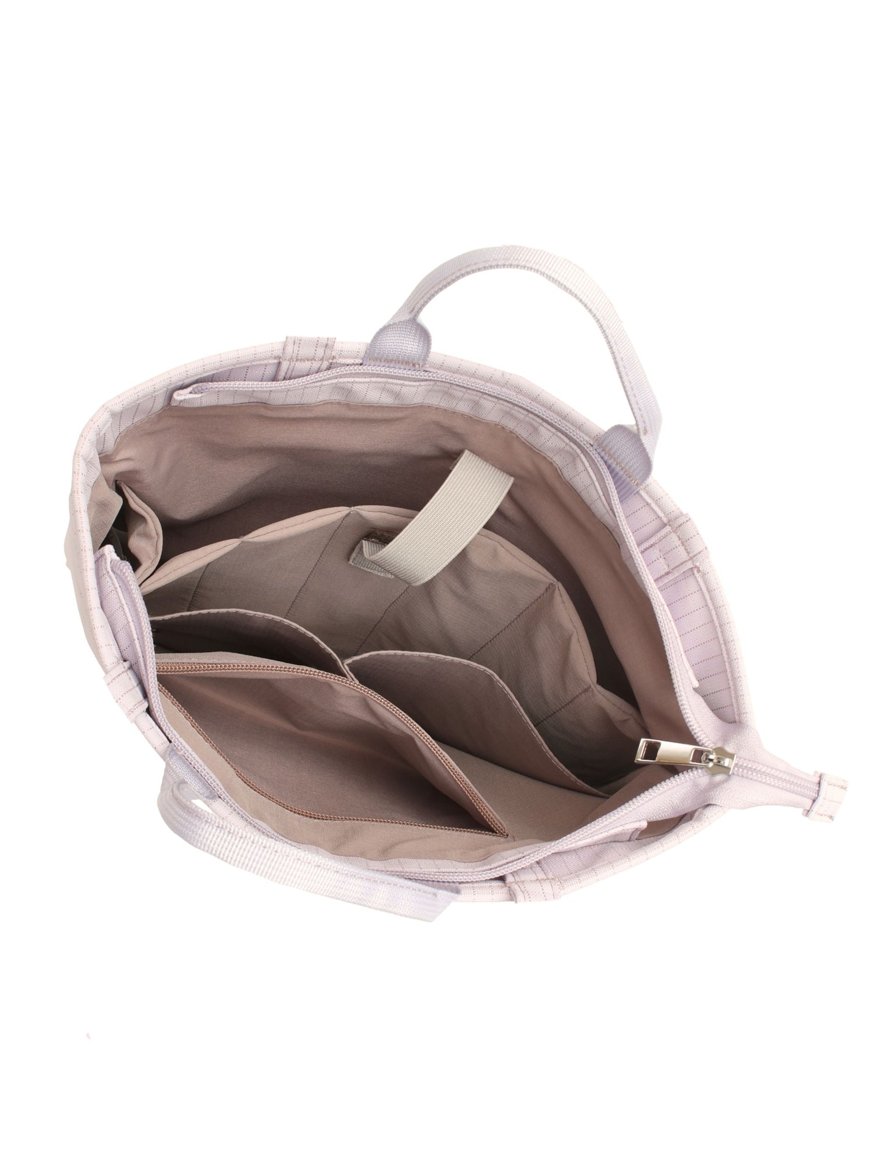 Empty interior of pale blue-purple 15.6-inch vertical laptop shoulder bag showing organizer pockets