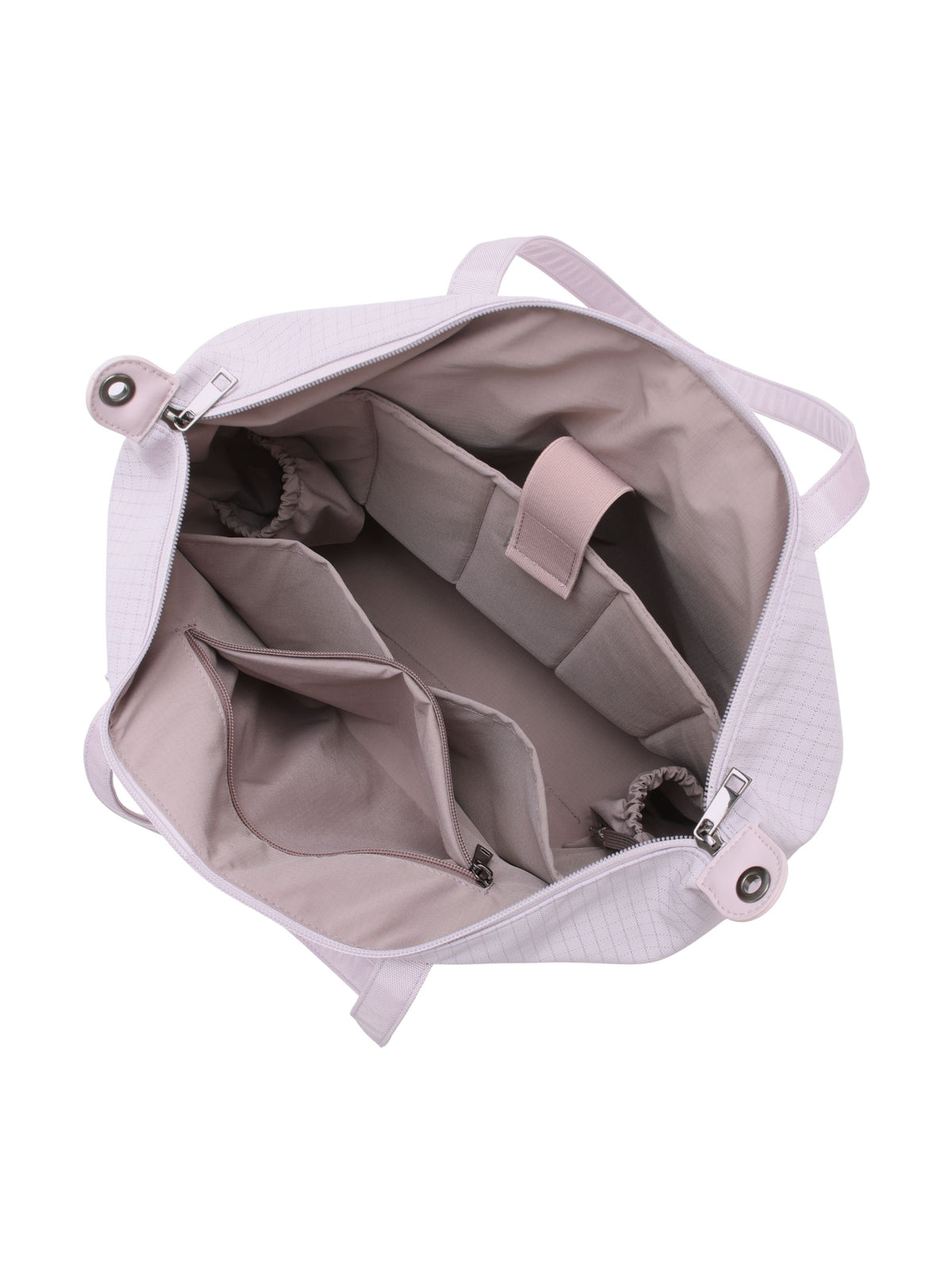 Empty interior of light purple 16-inch water-resistant laptop tote bag showing organizer pockets