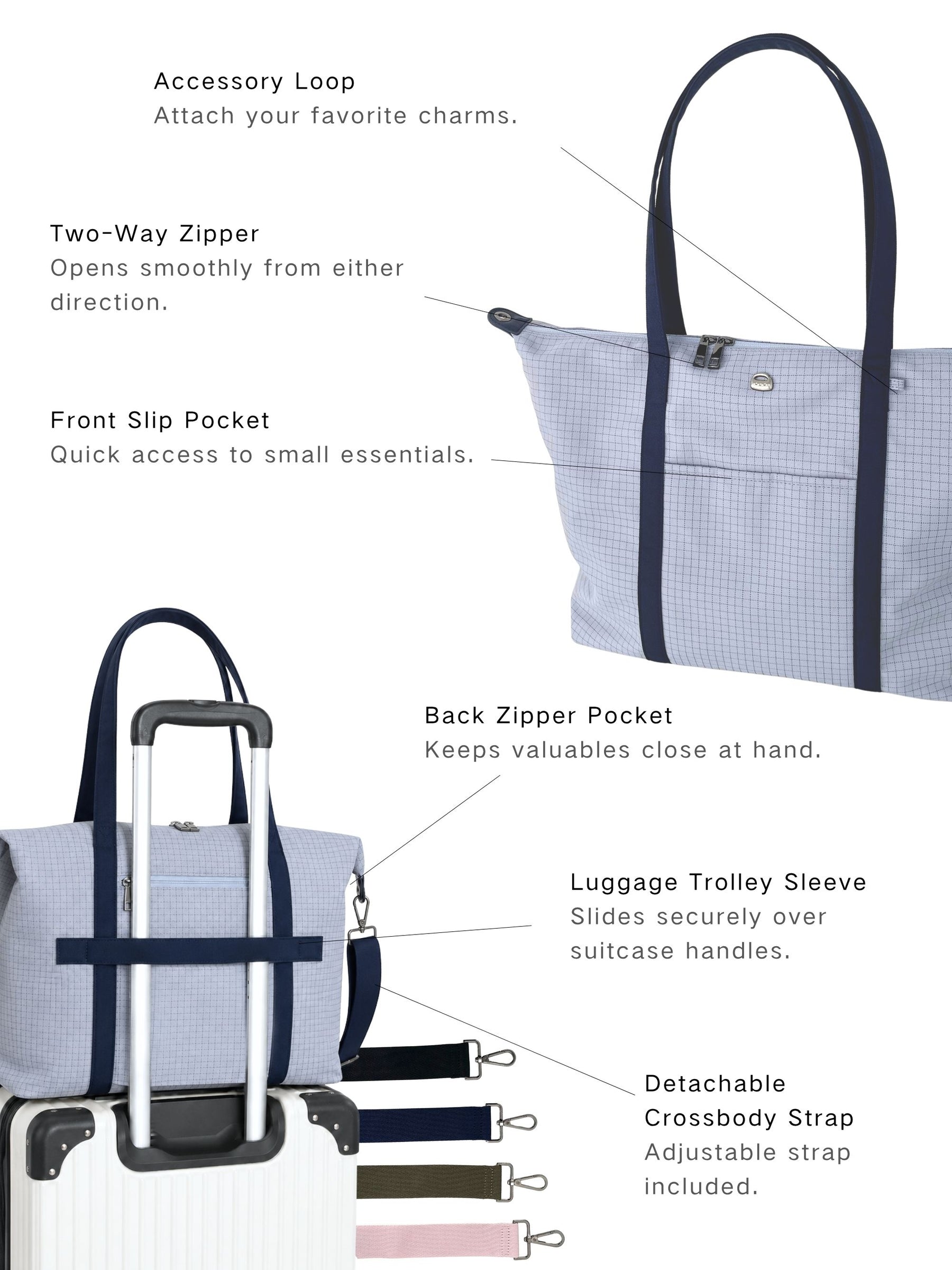 Laptop tote bag with trolley sleeve and detachable crossbody strap