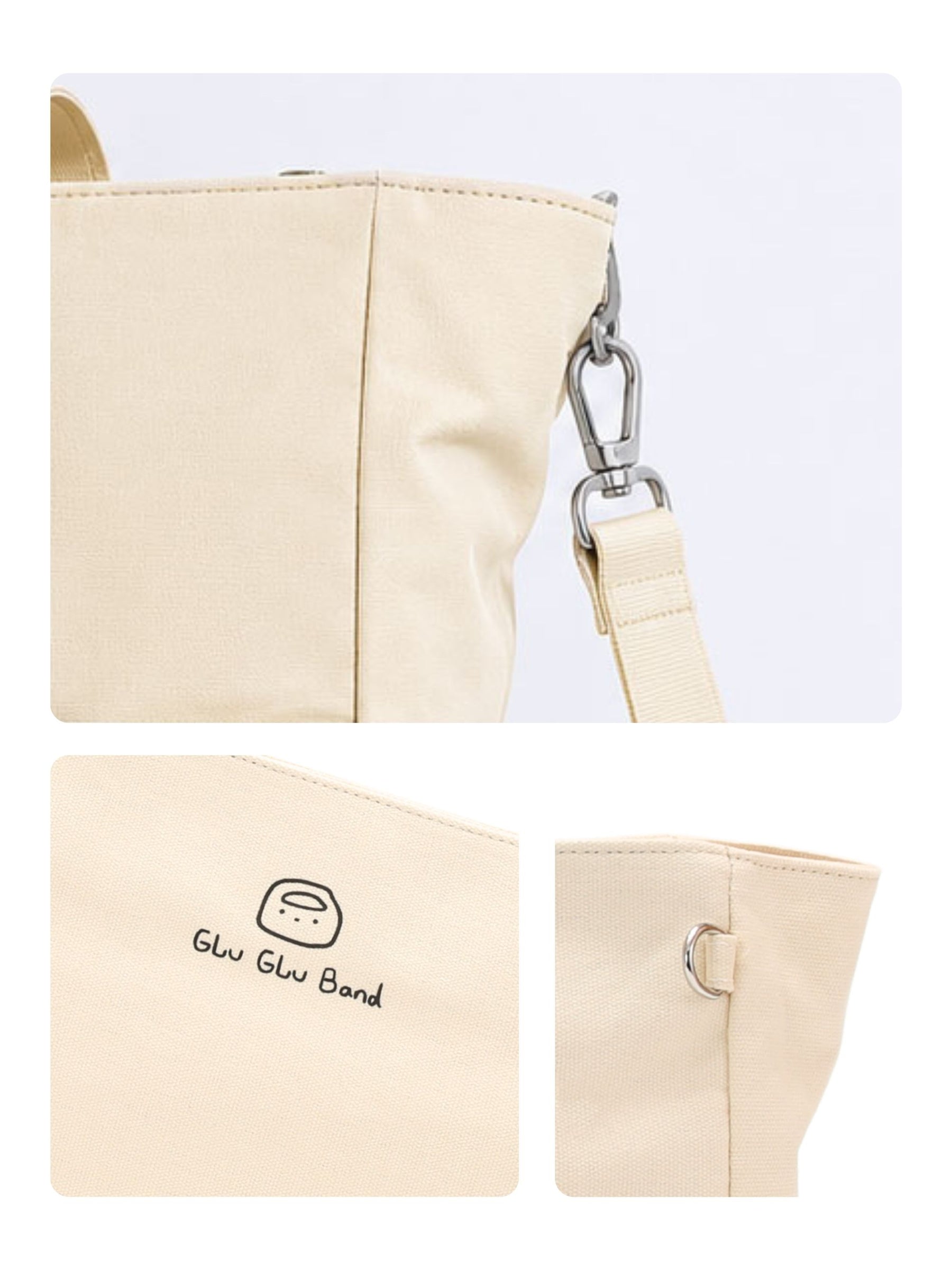 Canvas laptop tote bag hardware, zipper and brand detail close-ups