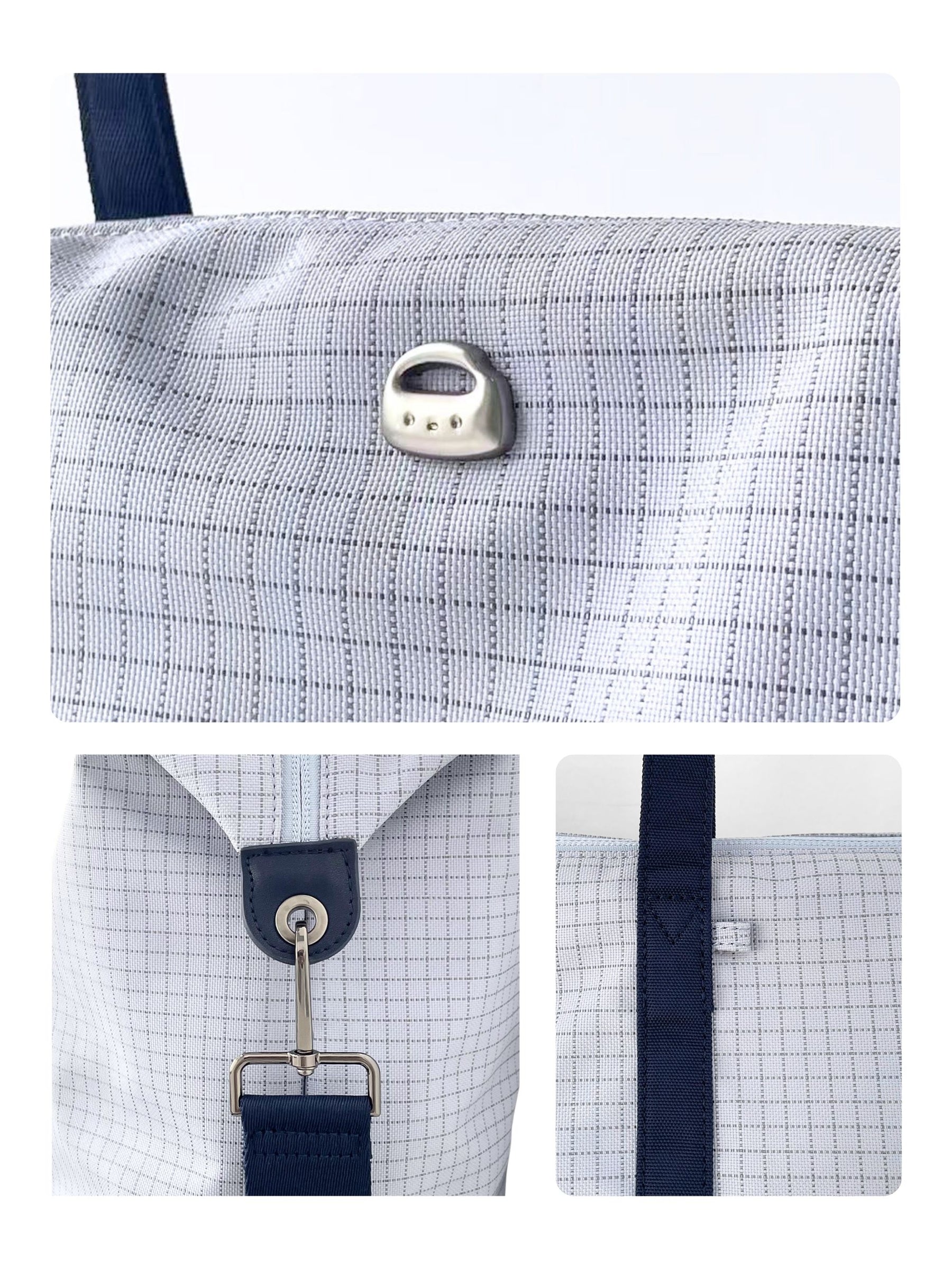 Preppy laptop tote bag fabric, hardware and accessory details