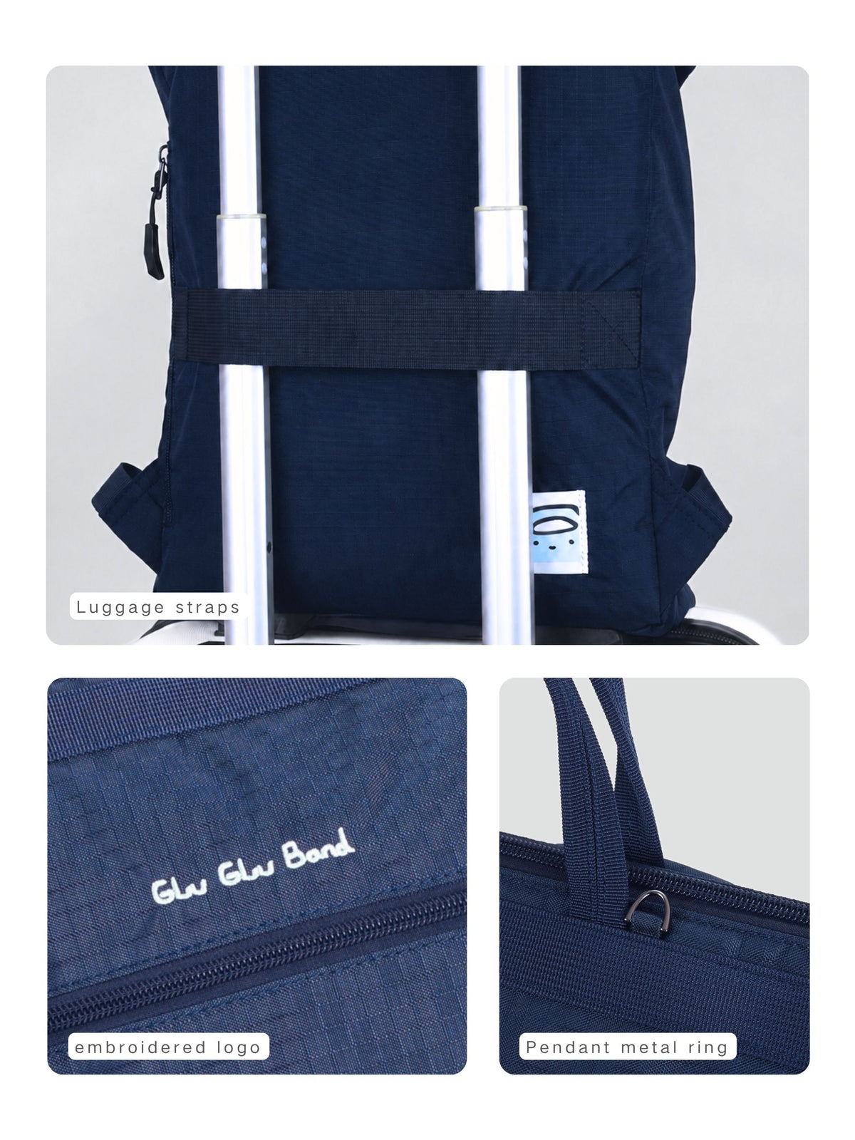 Laptop backpack luggage sleeve, reinforced handles and material details