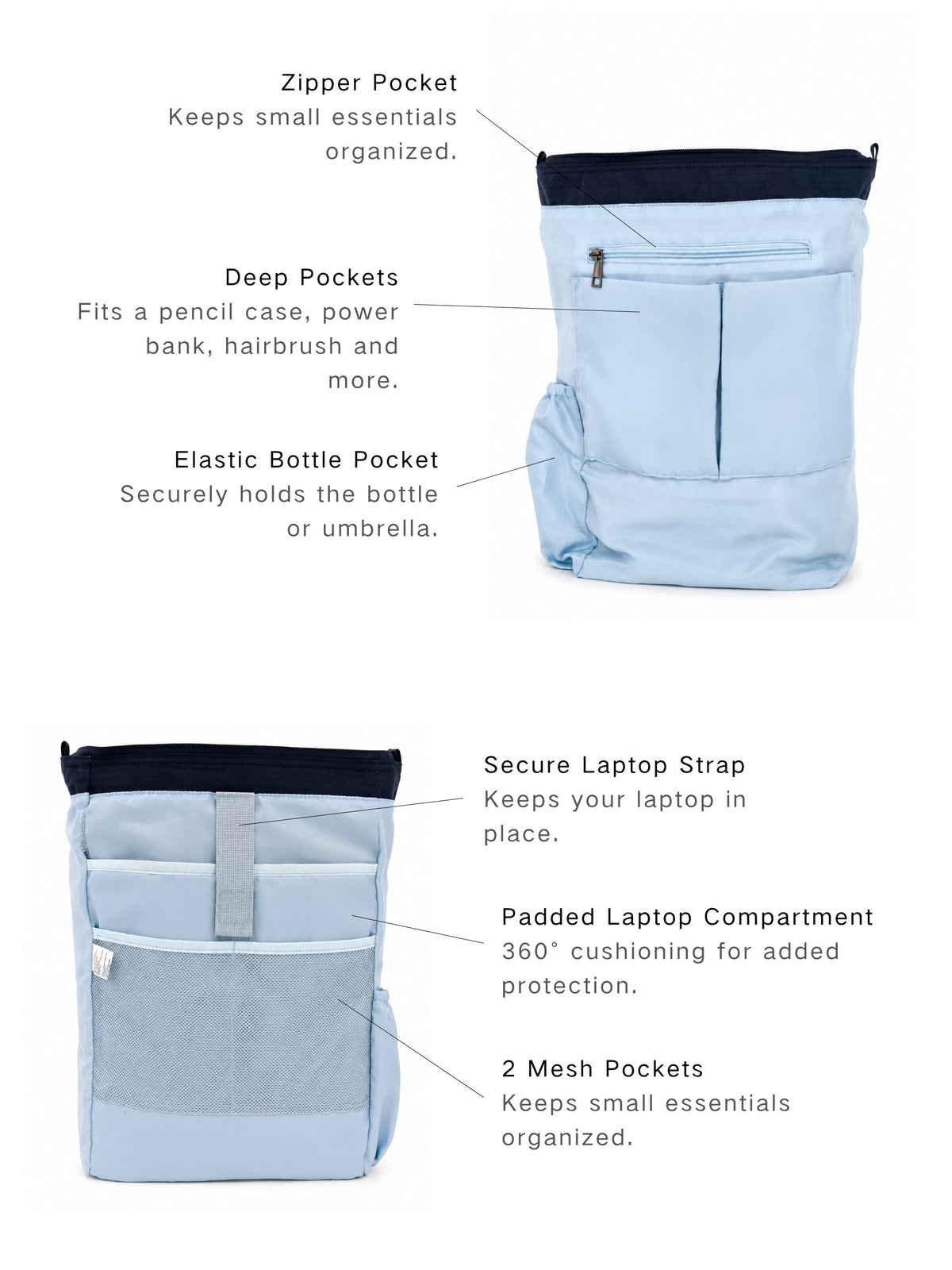 Laptop backpack interior pockets and padded laptop compartment