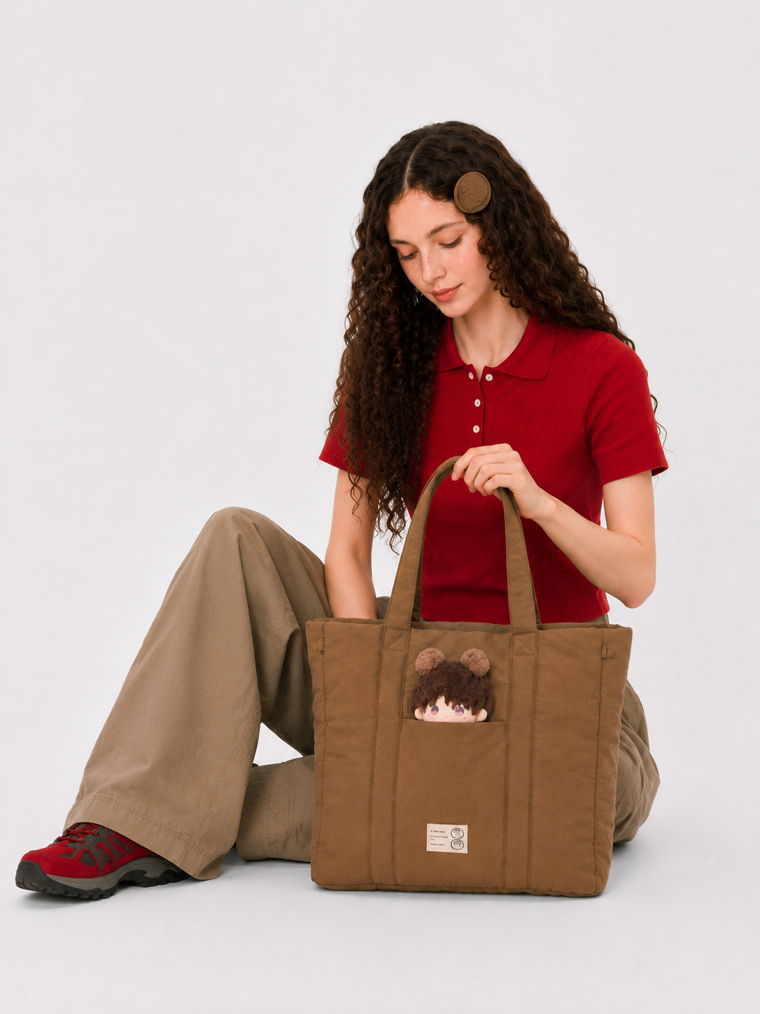 Close view of a brown padded laptop tote bag