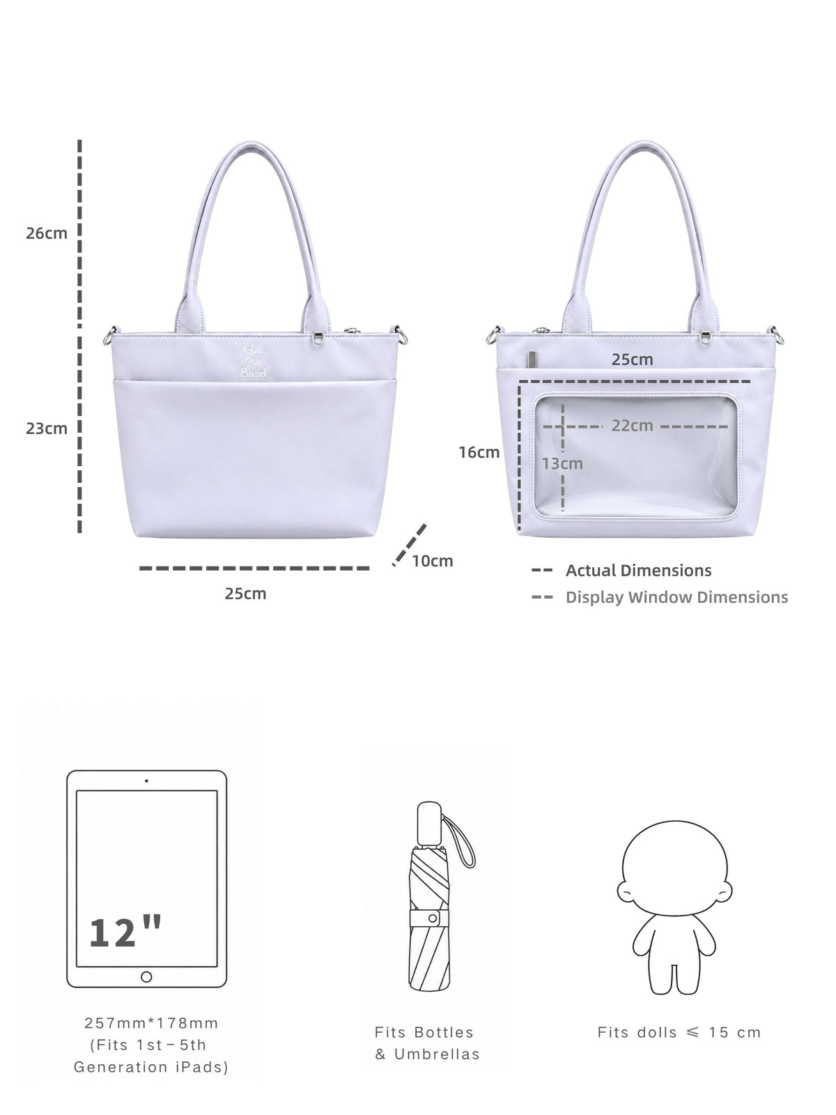 Ita tote dimensions, 25 by 23 by 10 cm, with a 22 by 13 cm display window
