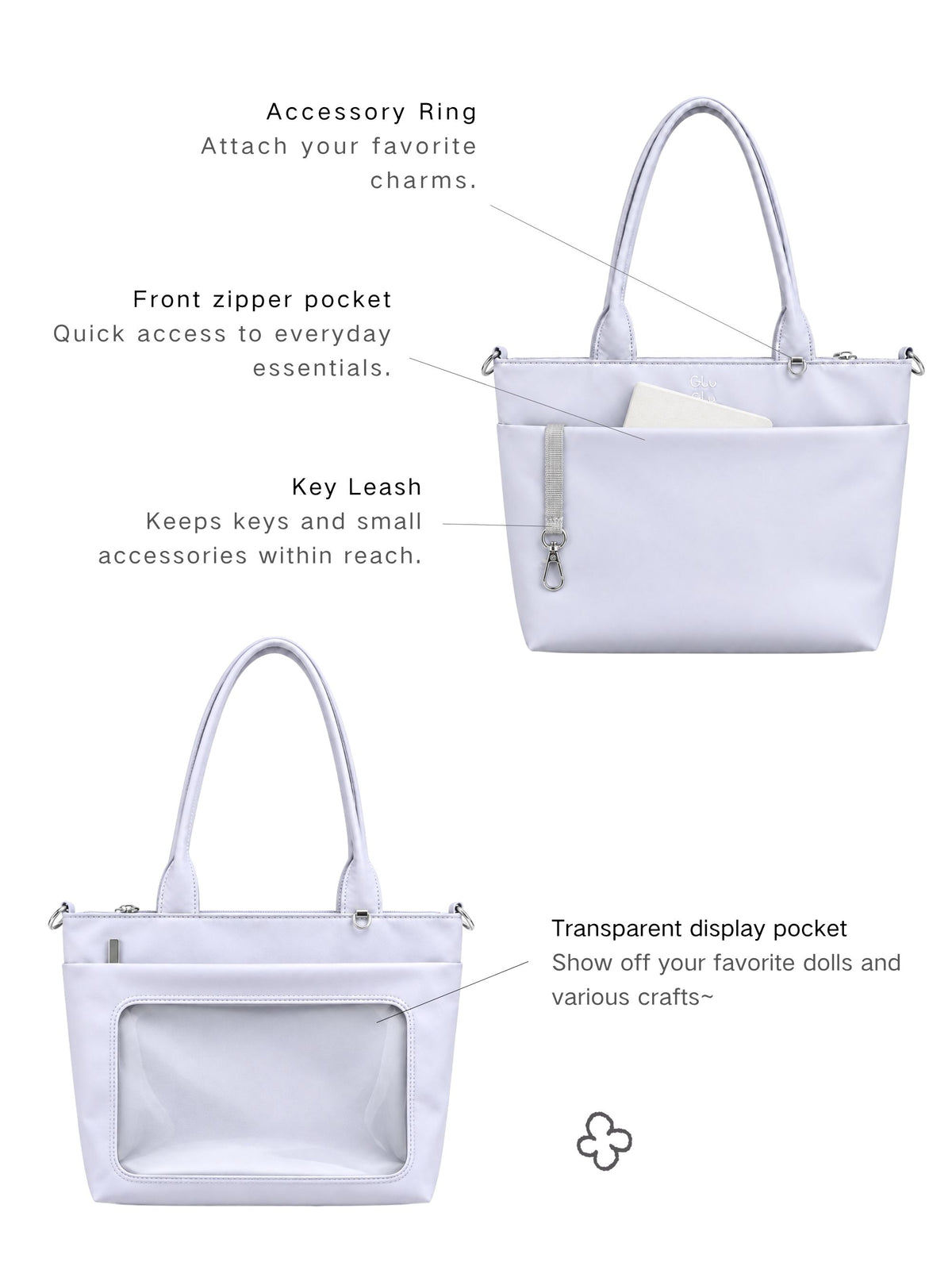 Ita tote transparent display pocket, exterior pocket, key leash and accessory ring