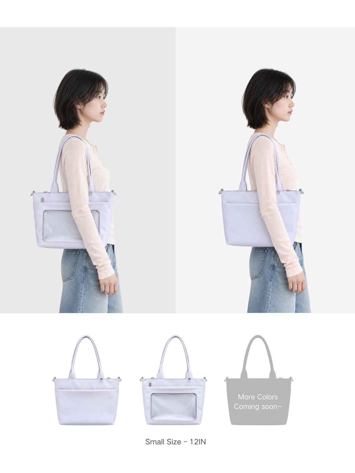 Model demonstrating the everyday side and display side of the ita tote